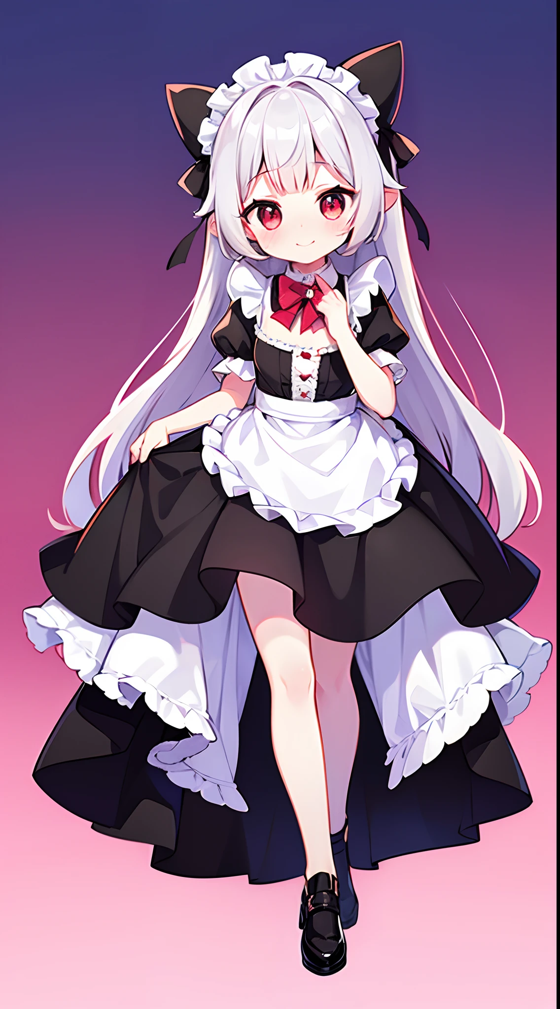 8K picture quality，silber hair,Red-eyed girl,cute little ,Long hair,Heartwarming,a miniskirt,****ta,A smile,Thumbnail styles，maid clothes，fluffly，full body Esbian,Embarrassed expression,pink sky background,cute background