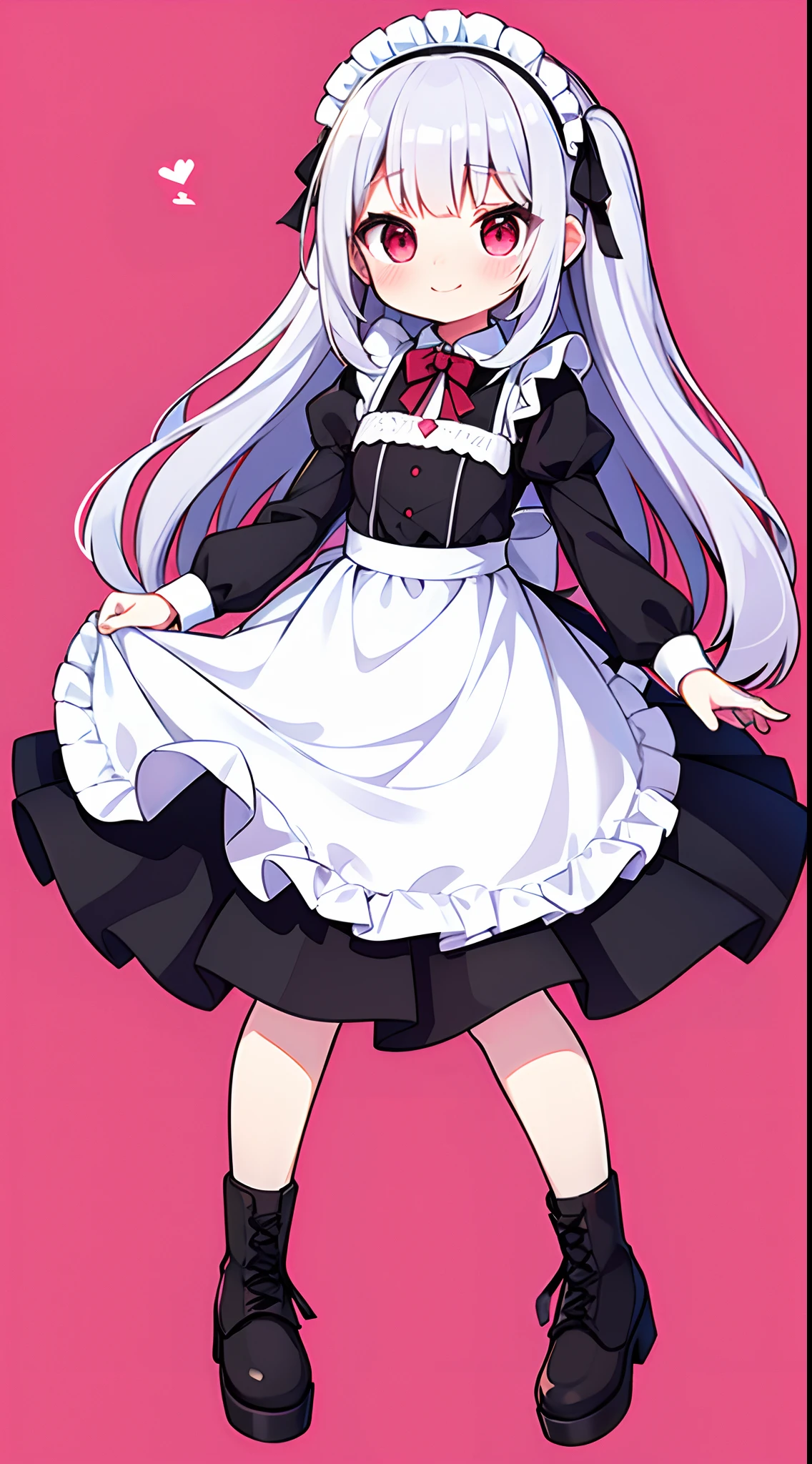 8K picture quality，silber hair,Red-eyed girl,cute little ,Long hair,Heartwarming,a miniskirt,Lolita,A smile,Thumbnail styles，maid clothes，fluffly，full body Esbian,Embarrassed expression,pink sky background,cute background