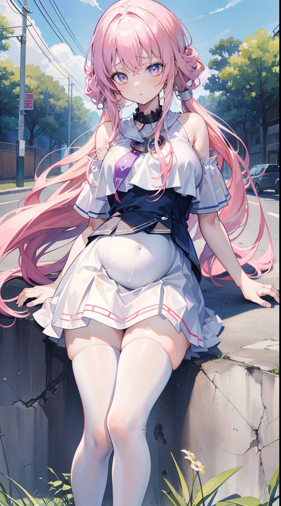Masterpiece, 1girll, yukino yukinoshita, Glowing eyes, White sneakers, tennis wear, White miniskirt, White panties, White knee socks, Masterpiece, Top quality, Hyper-detailed, Blue sky, grabbing her own breasts,Pregnant belly,Pregnant belly, Masterpiece,Best quality,absurderes,2D,((Anime screencap)),1girll,Cute,Expressive hair,Long hair,(Medium breasts),bouncing breasts,(pregnant:0.9),ahegao,Long shirt,vibrator in thighhighs,(((Trembling))),Outdoors,street
