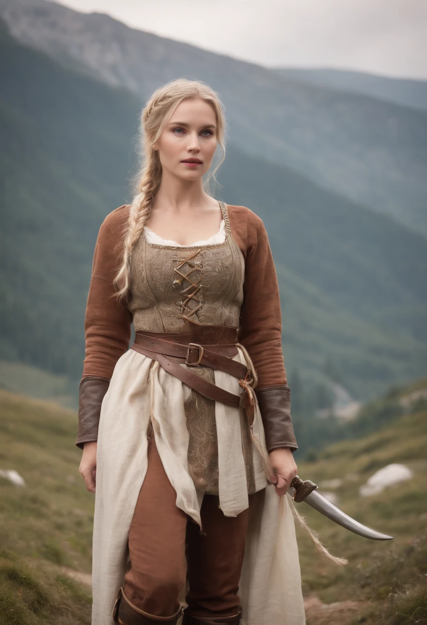 cinematic style, extremely detailed wallpaper, prolly full shot, full body of the most beautiful artwork in the world, fantasy setting, blond human female, viking villager style in late thirties, stunning beautiful, delicate features, big saggy breasts, waist short blonde hair, french braid, wearing a medieval milkmaid dress, brown boots [Photo taken in a mountainous and snowy landscape] [type of illumination: natural lighting], extremely realistic, 8k, insane details, intricate details, beautifully color graded,Color Grading, Editorial Photography, Photography, Bokeh, taken with a 60mm lens, ISO 300, f/4, 1/200th --auto --s2