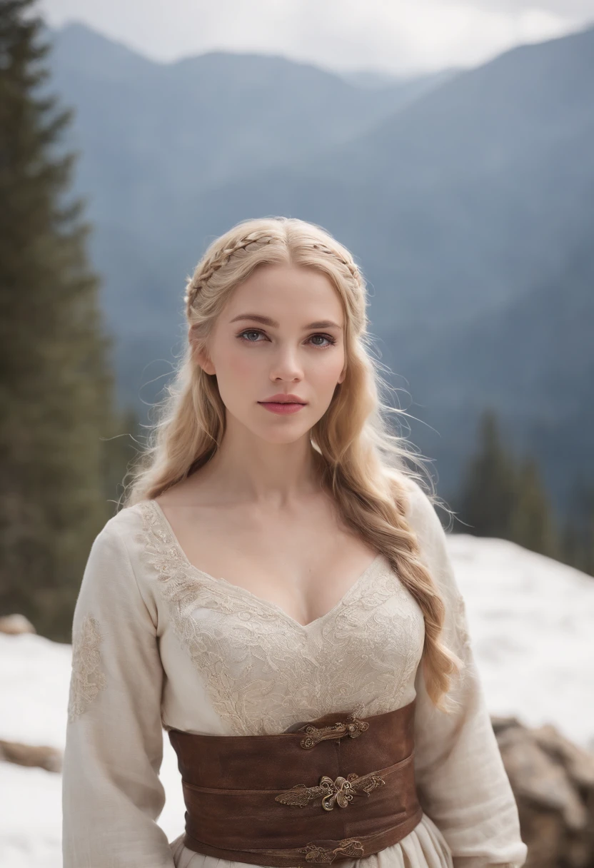 cinematic style, extremely detailed wallpaper, prolly full shot, full body of the most beautiful artwork in the world, fantasy setting, blond human female, viking villager style in late thirties, stunning beautiful, delicate features, big saggy breasts, waist short blonde hair, french braid, wearing a medieval milkmaid dress, brown boots [Photo taken in a mountainous and snowy landscape] [type of illumination: natural lighting], extremely realistic, 8k, insane details, intricate details, beautifully color graded,Color Grading, Editorial Photography, Photography, Bokeh, taken with a 60mm lens, ISO 300, f/4, 1/200th --auto --s2