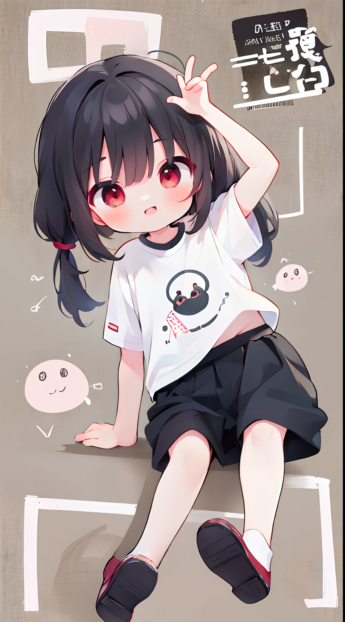 (Best Quality,4K,High resolution), girl with, dark red-black hair, Long straight hair， Comical appearance，sharp eye，Red Eyes，Charming smile，comic strip，animesque，Comical illustration，Rough sitting，Oversized T-shirt，Short pants，busy，Deformed cute illustration，Compact size，tchibi