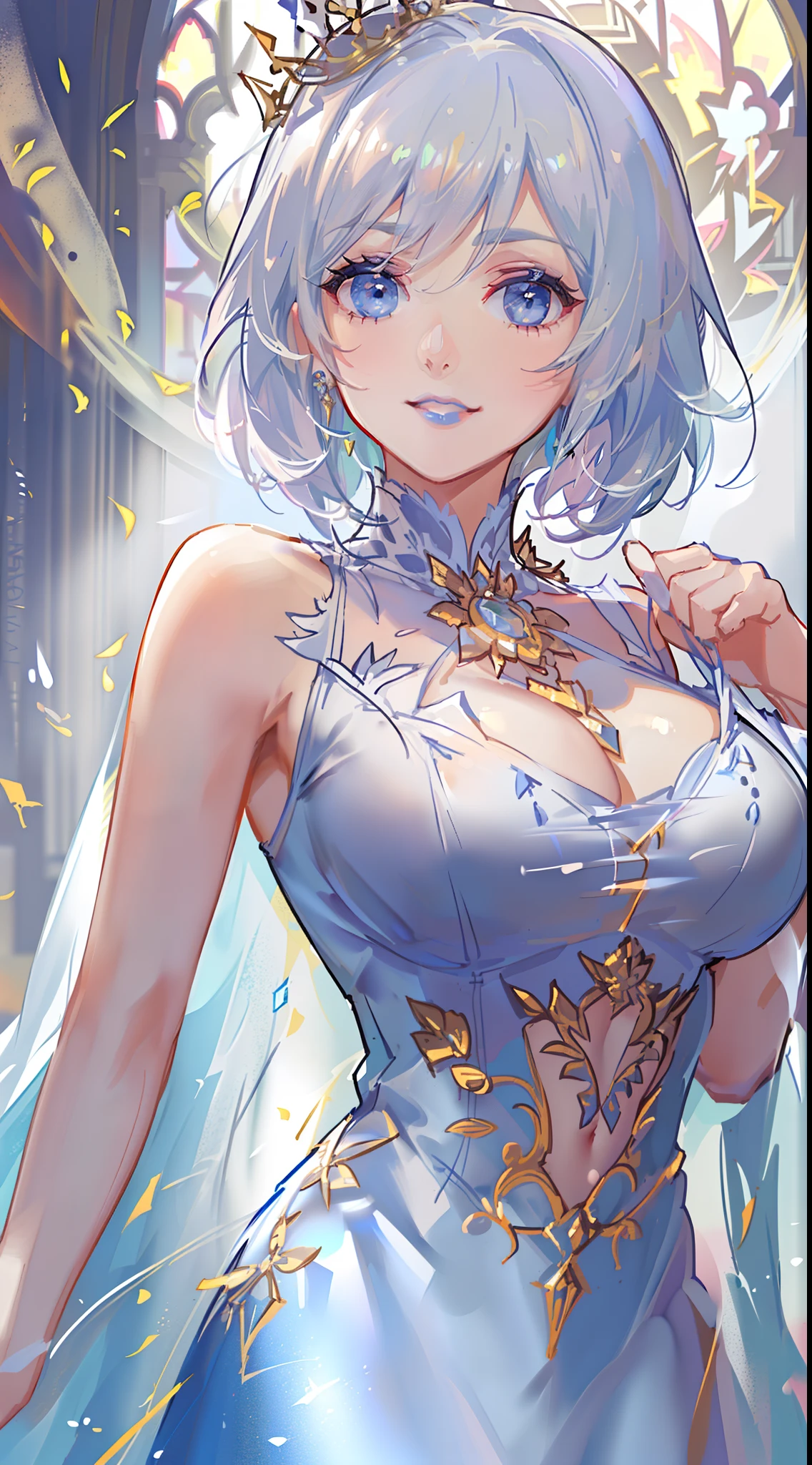 Adult woman, short white hair, blue eyes, ssmile, blue lipstick, The Queen's Transparent Dress, Gold Elements, Sleeveless, big breastes, open breasts, neckline on the chest, hiquality, 4k, HD, Good detail