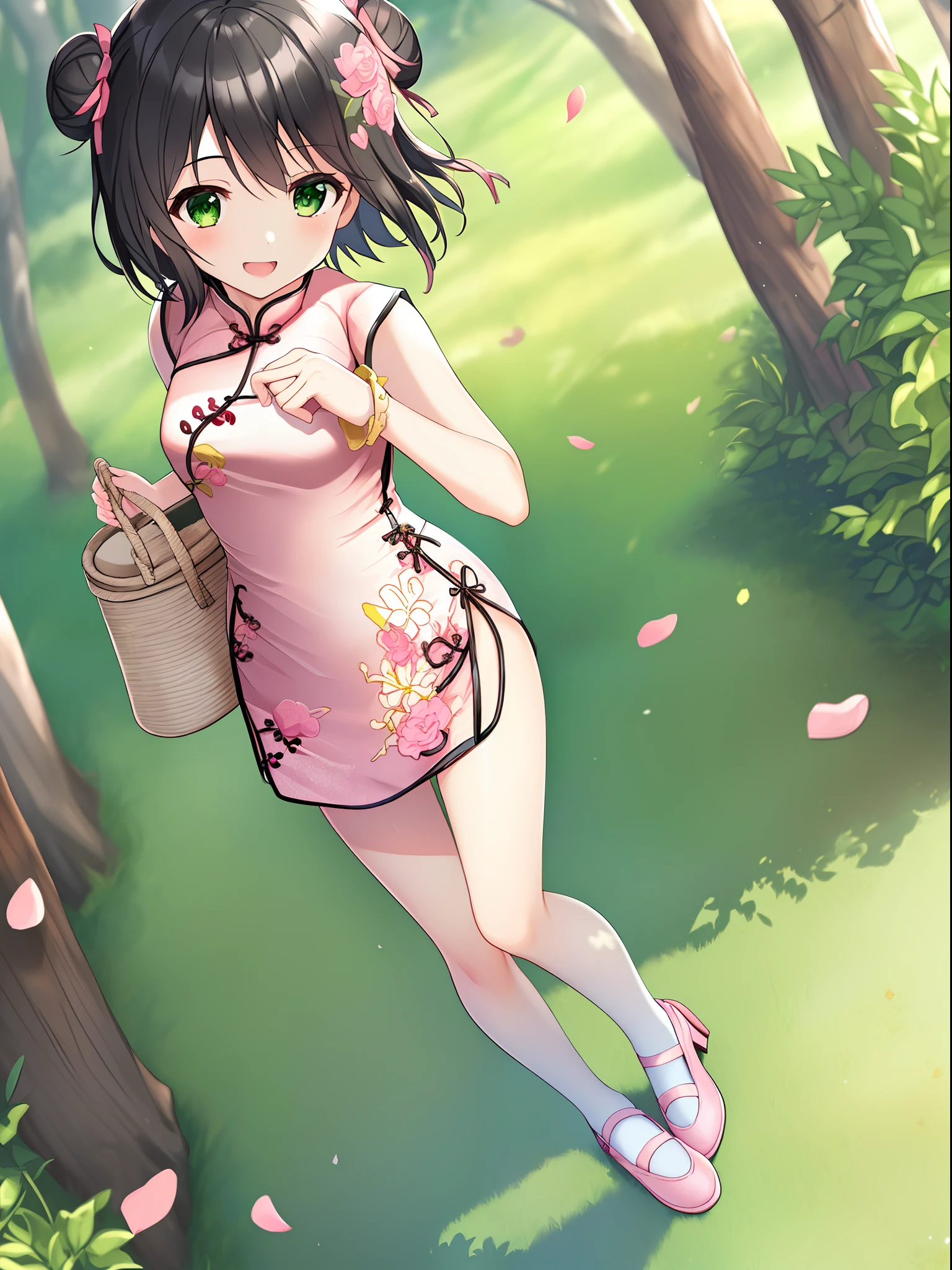 1 girl, solo, masterpiece, highres, ultra details, CG quality, cute loli, full body, (black hair:1.3), green eyes, high quality eyes, high quality hands, (twin buns:1.3), (hair ribbons:1.3), (short hair:1.6), (pink short cheongsam:1.6), no sleeves, small breast, silver bangles, white jacquard pantyhose, (pink embroidered flat shoes:1.6), bows on shoes, wandering, delighted, carrying a flower basket, looking around, spinning on tiptoe, forest, high quality background, depth of field