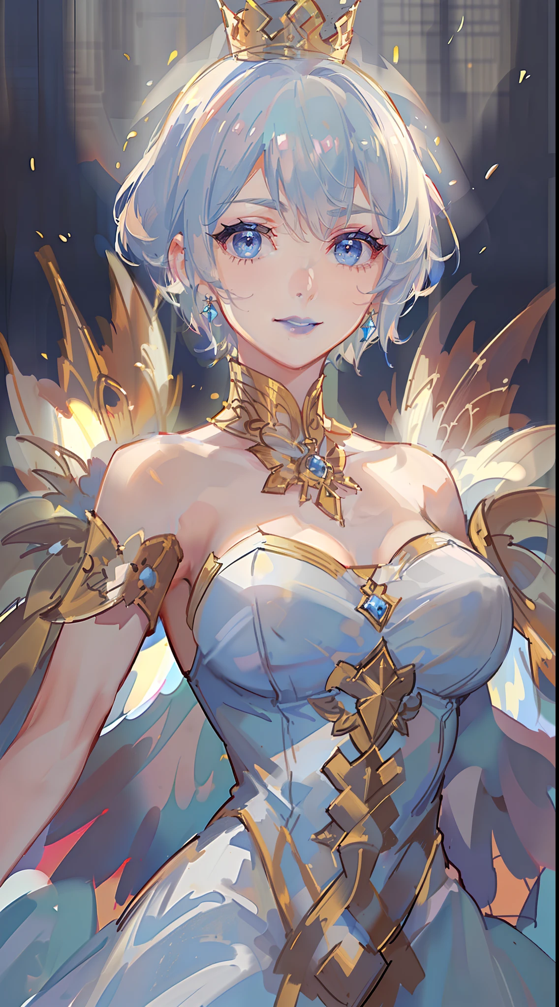 Adult woman, short white hair, blue eyes, ssmile, blue lipstick, The Queen's Transparent Dress, Gold Elements, Sleeveless, big breastes, open breasts, neckline on the chest, hiquality, 4k, HD, Good detail