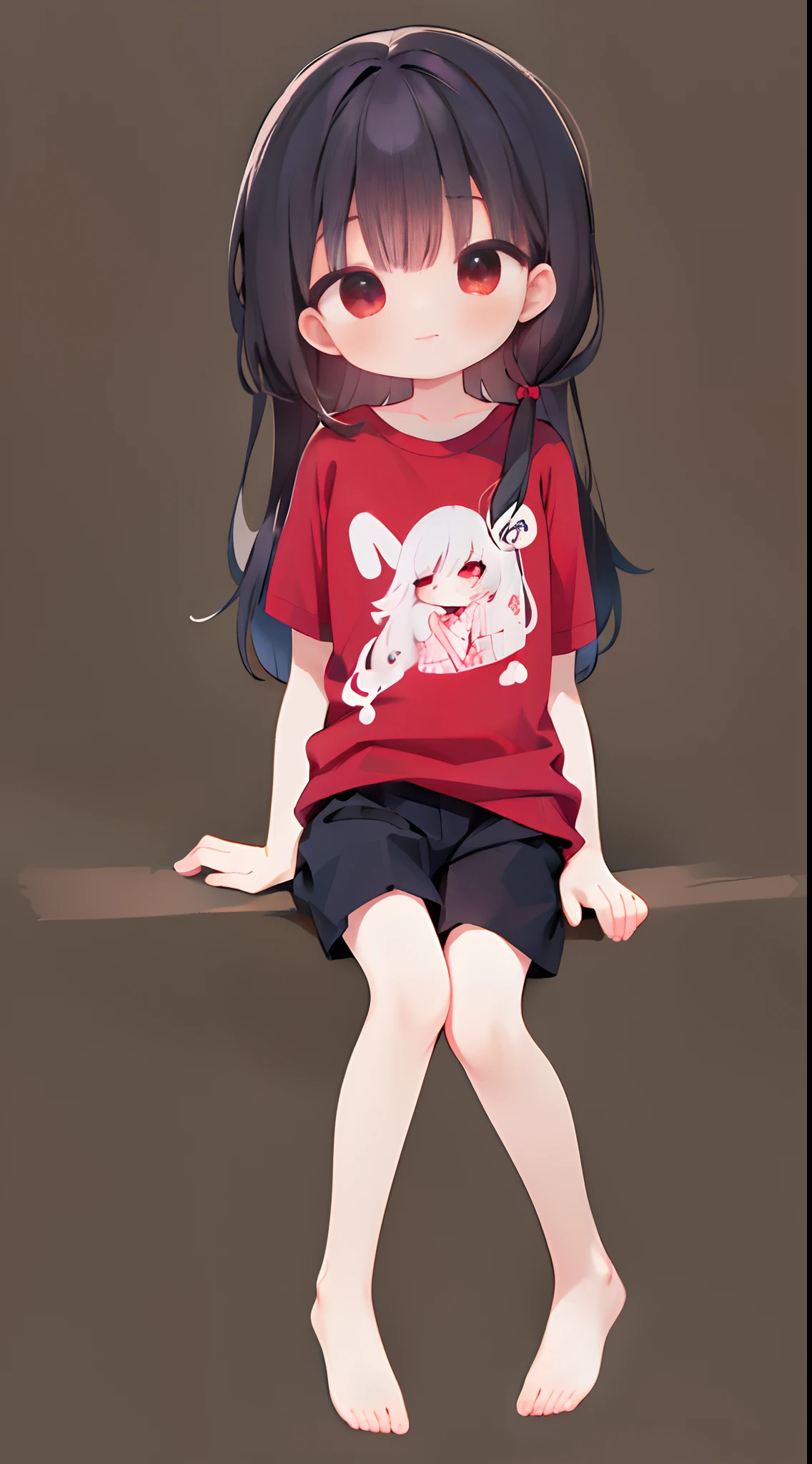 (Best Quality,4K,High resolution), girl with, dark red-black hair, Long straight hair,sharp eye,Red Eyes,Charming smile,comic strip,animesque,Comical illustration,Rough sitting,Oversized T-shirt,Short pants,busy,Deformed cute illustration,Compact size,tchibi