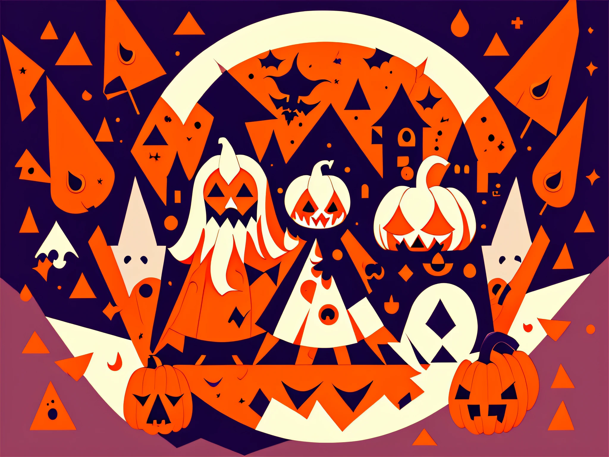 Halloween, pumpkins , Ghosts and Demons,
(Cute),
cubism, Colorful, White background、illustratio