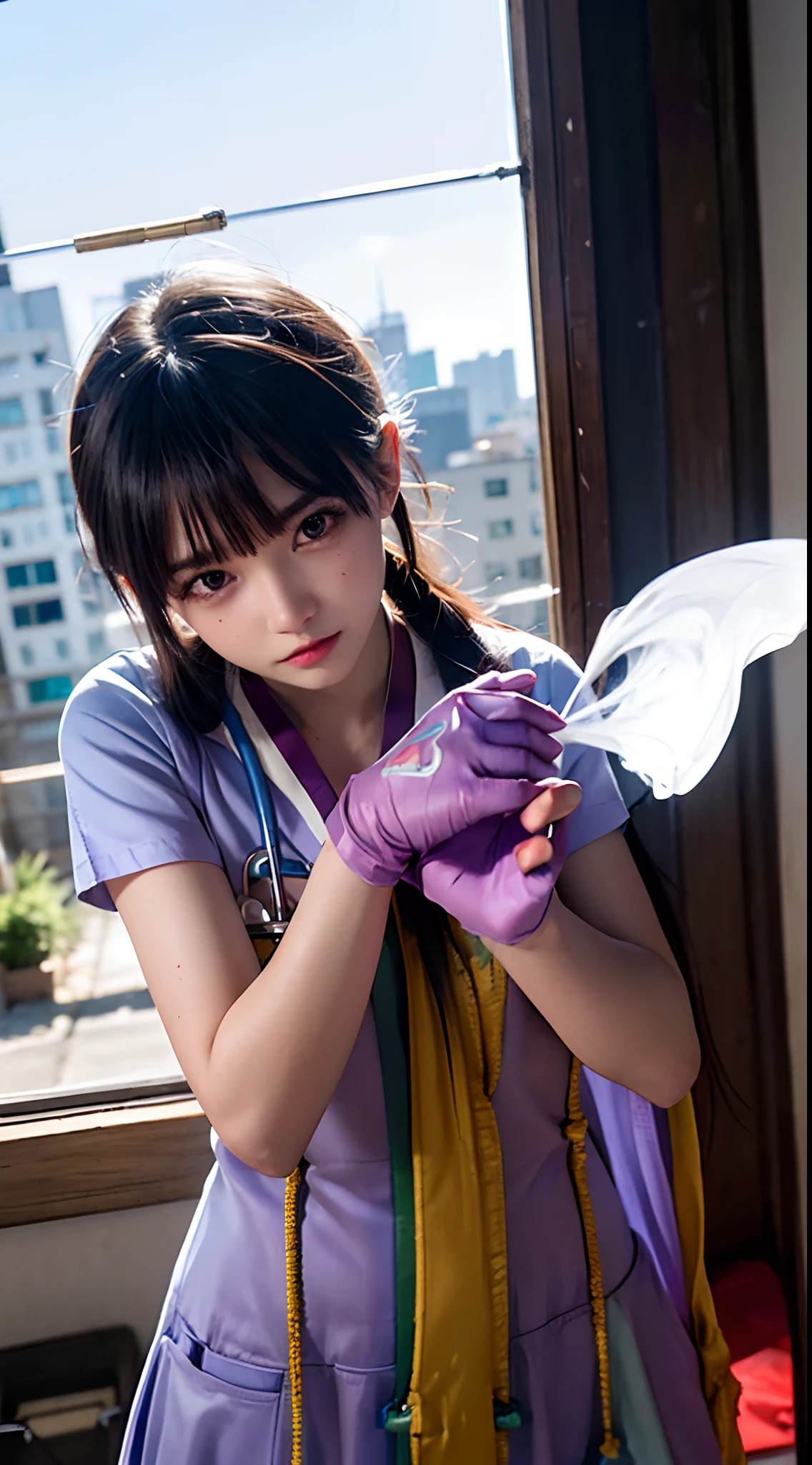 (Ultra-detailed,A high resolution,Masterpiece:1.2),Theater doctor,Blonde man and purple woman hugging,shot wounds,Blood,stethoscope,Medical Bag,Overwhelming emotions,ruined buildings,Smoke,flashing lights,dramatic scene,A hopeful expression,Empathetic eyes,Sympathy,Save lives,Love and care,Emergency rescue,Chaotic atmosphere,Torn clothing,Broken glass,Debris and dust,Heroic efforts,battleground background,Determination,Save lives,Vivid colors,Pain and hope,Surreal lighting,Critical situation,Unwavering strength,Courage and resilience,Despair and determination are intertwined,Precision movement,Healing hands,Bloodstained gloves,Medical expertise,Heroism in chaos,Deep connection,Strong bonding.