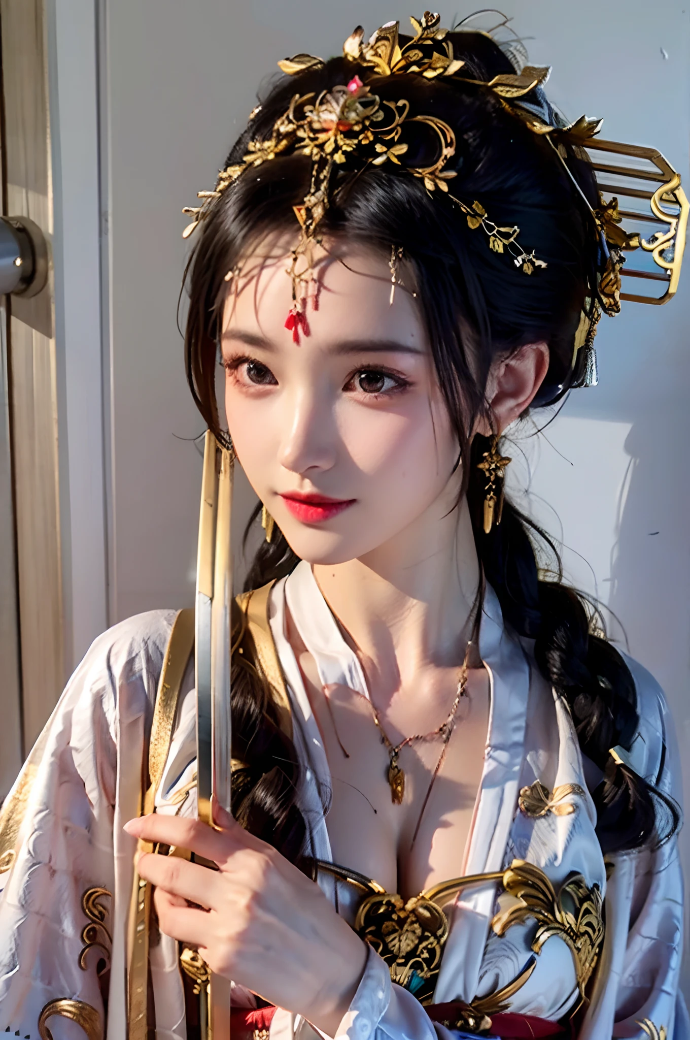 closeup of portrait,one-girl,Ancient Chinese clothing,single hairbun,(giant gold hairsticks on the head:1.5),