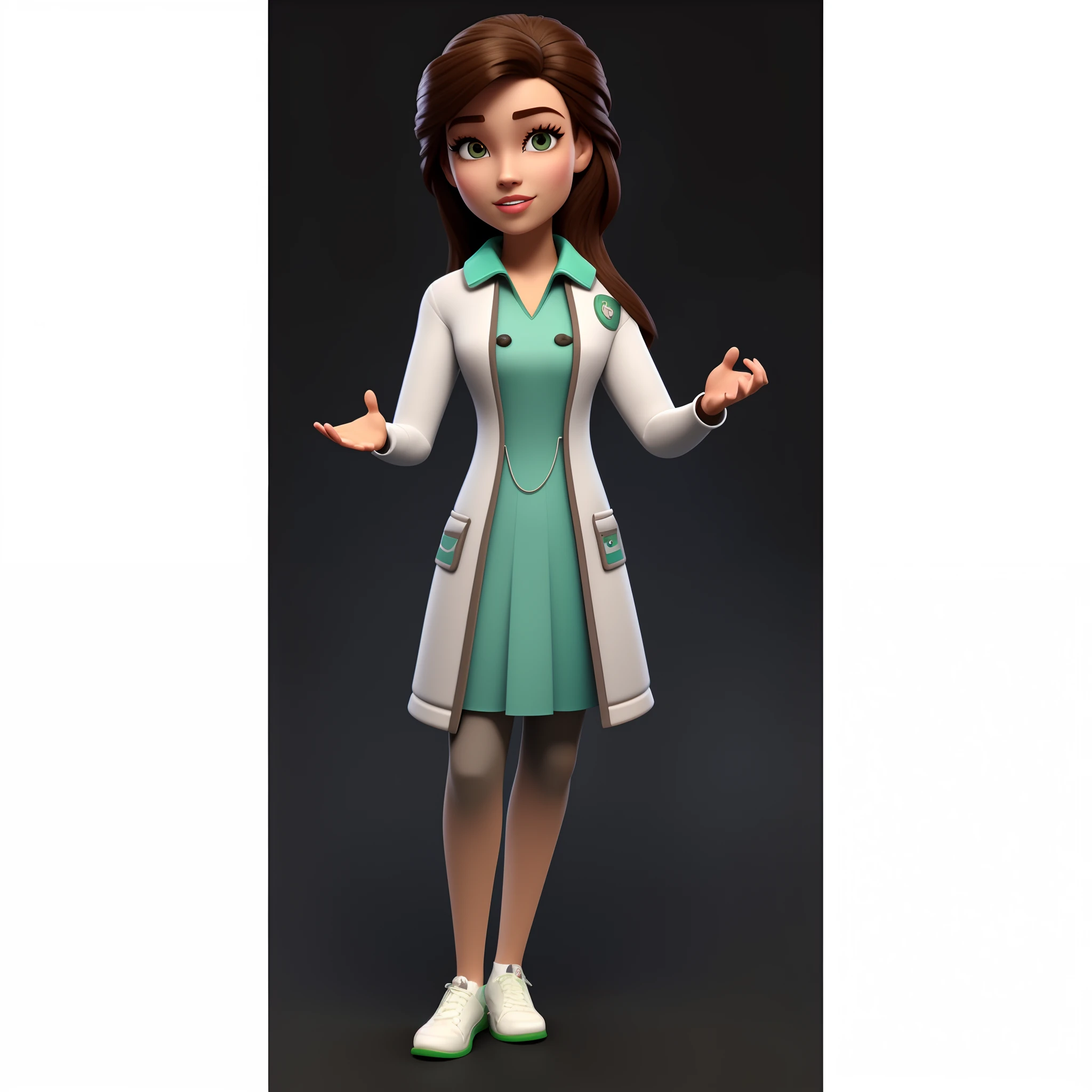 um close up de uma personagem feminina de desenho animado estilo Disney Pixar usando um jaleco branco e um vestido verde, enfermeira, animation character, medic, Personagem 3D, Personagem 3D, multiple poses, Pose de personagem, character is in various poses, vestindo jaleco e blusa --auto