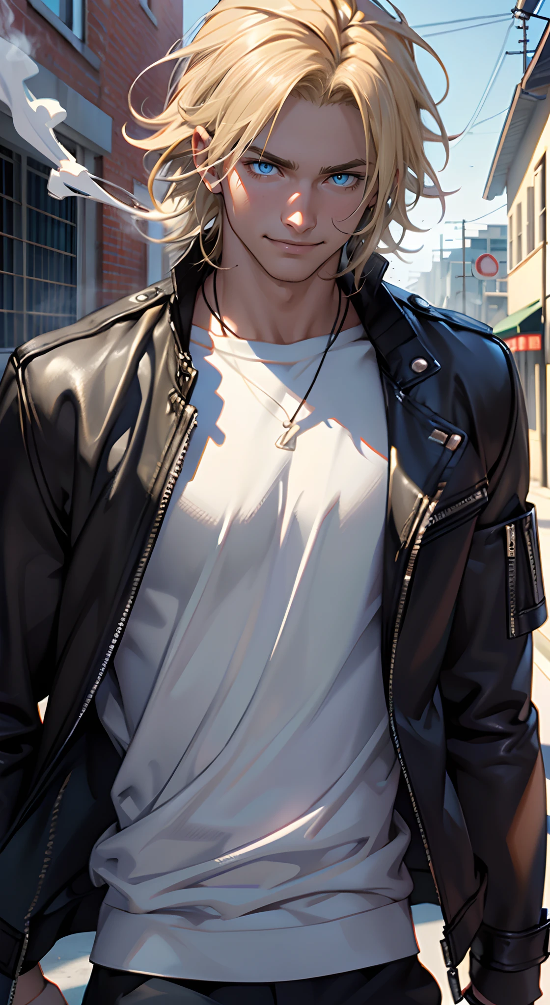 (tmasterpiece, high resolution, ultra - detailed:1.0), (1 boy, Young male), Eyes looking at the camera, Perfect male body, Delicate eyes and delicate face, Extremely detailed CG, 8K wallpaper, Complicated details, solo person, (School clothes, Leather jacket, Evil smile, blond hairbl, Messy hair, School background, Smoking, standing), color difference, Depth of field, dramatic shadow, Ray tracing, Best quality, Cinematic lighting, offcial art, Portrait