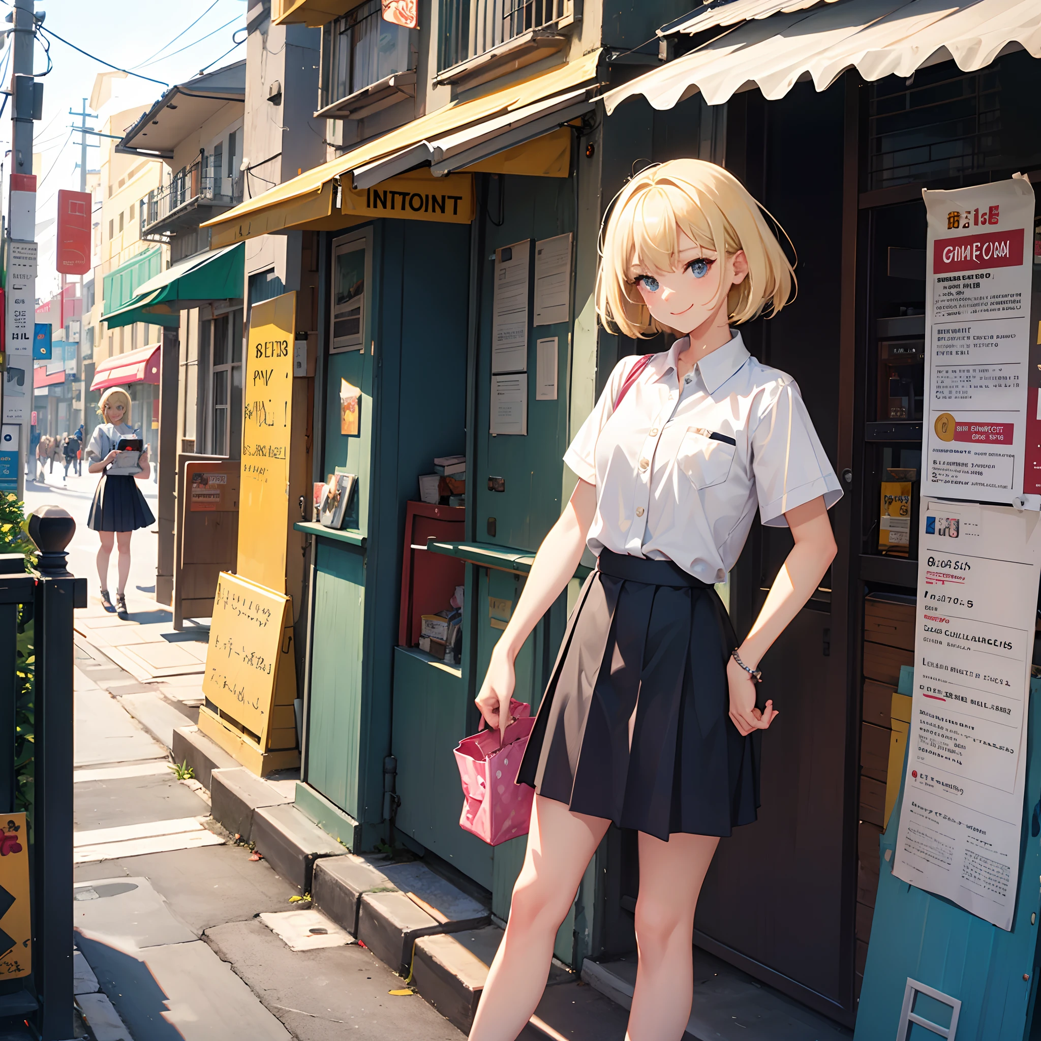 1 girl, smiling, shirt, skirt, (small) chillerism, thin blonde hair, 1950s street corner