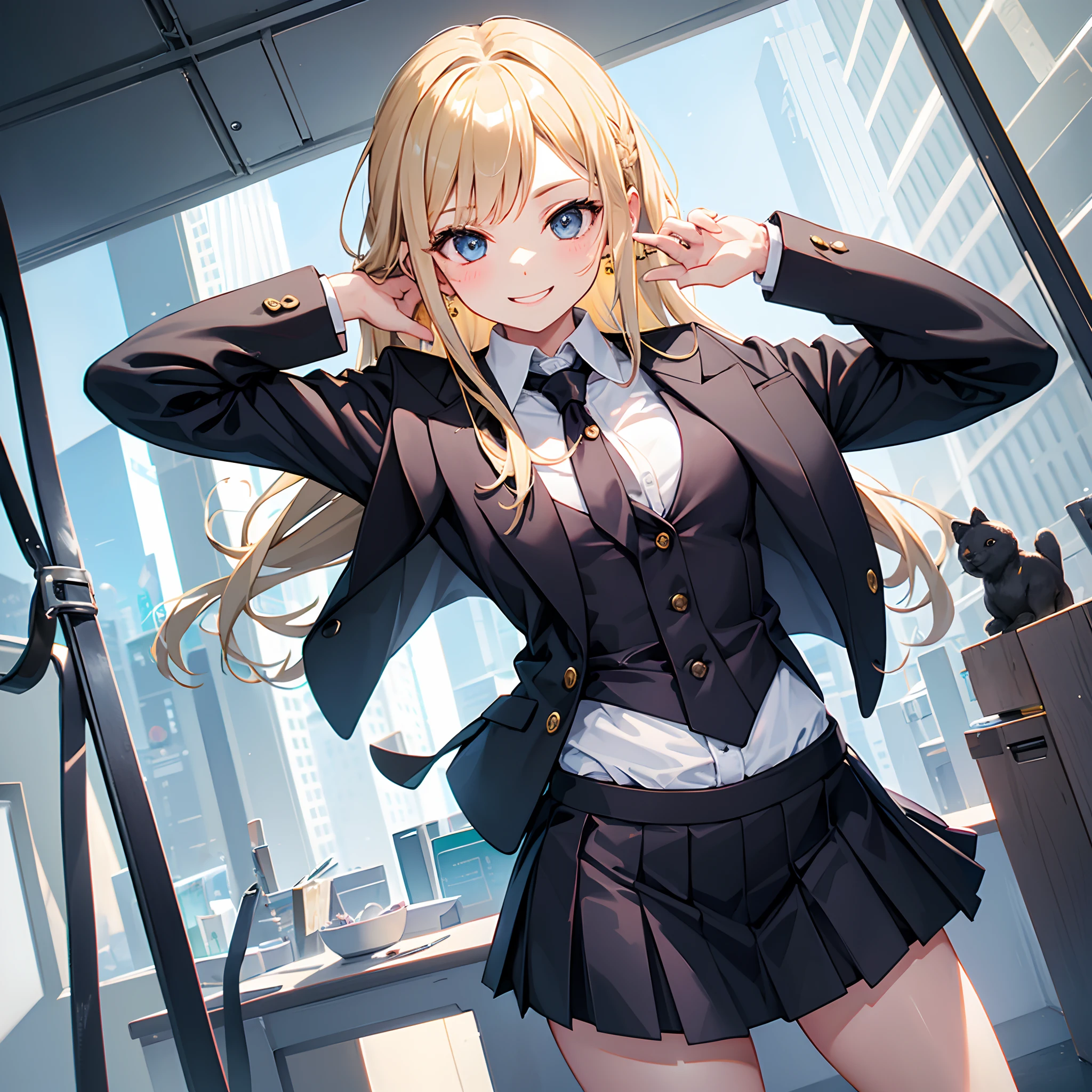1girl, five fingers, pencil Skirt, looking down at viewer, twintails, best quality, thigh focus, dynamic pose, seductive grin smug, suit, black pantyhose, panties under pantyhose, office lady,