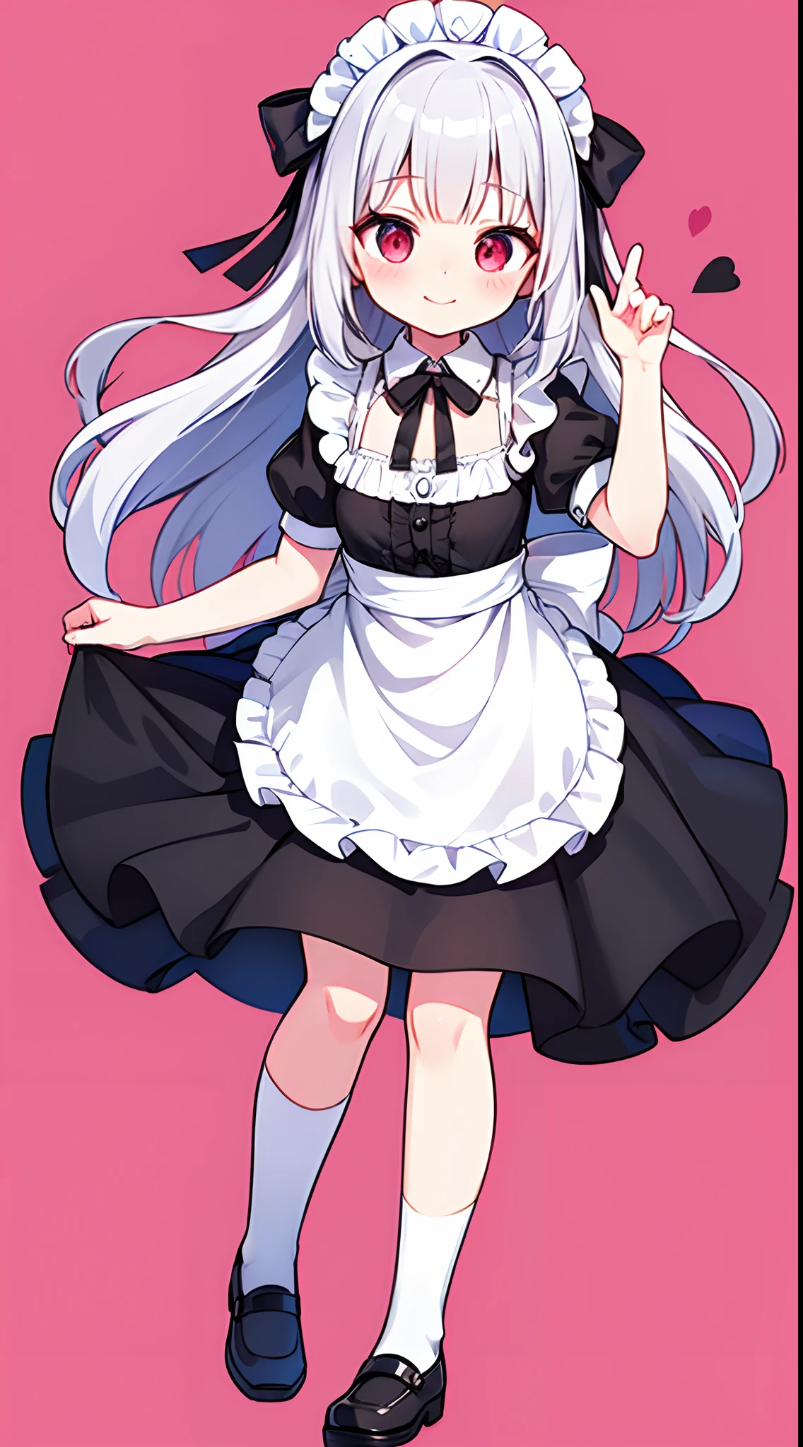 8K picture quality，silber hair,Red-eyed girl,cute little ,Long hair,Heartwarming,a miniskirt,Lolita,A smile,Thumbnail styles，maid clothes，fluffly，full body Esbian,Embarrassed expression,pink sky background,cute background