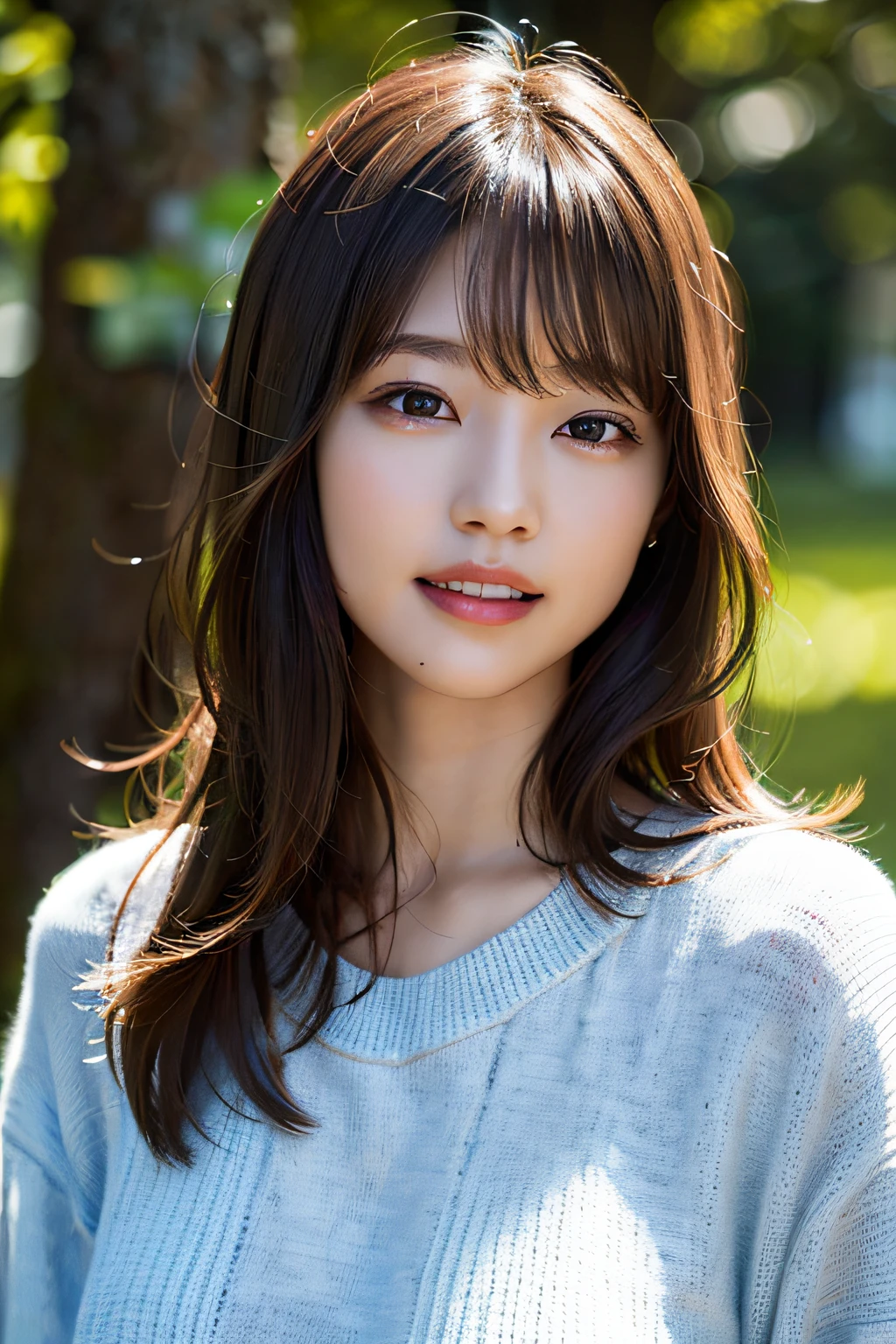 portrait, 8K, high quality, realistic photo images, 39 years old, japanese woman, clear,sexy, Wearing a knitted sweater,Reproduces natural and realistic eyes, japanese stand, waiting for someone, beautiful brown hair, beautiful lighting, golden ratio composition, hair combing gesture, natural background, garden, 4K, high quality, realistic photo images, beautiful, chest, Neat beauty,