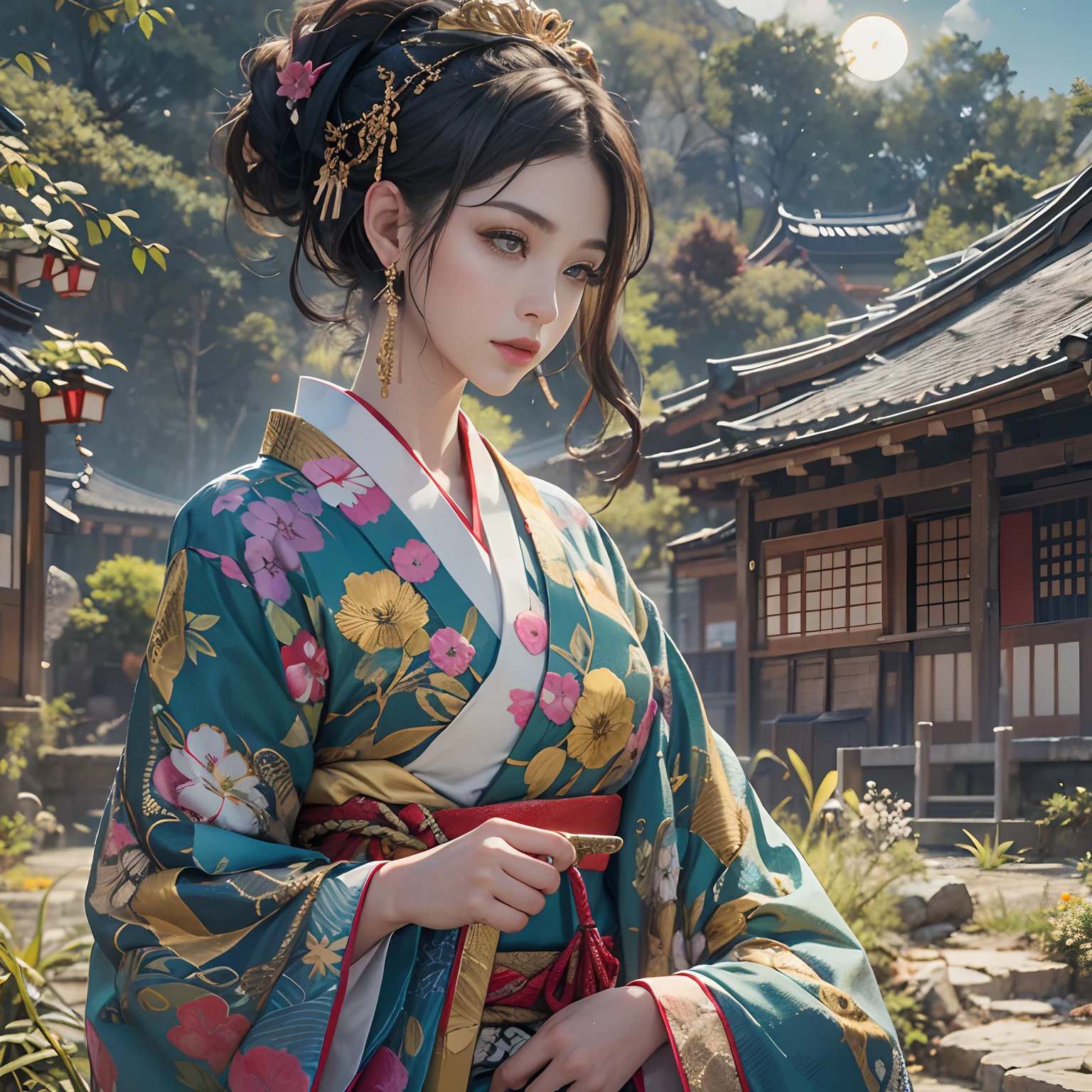 Eating sweets,watching at viewers、Background with((ancient city:1.2)And the moon、(dense background:1.5))、BREAK {{{Luxury kimono(Colorful kimono(Detailed golden embroidery,))}}}、face perfect,Depict a beautiful and graceful woman of Japan,poneyTail、Woman with shiny black hair、perfect hand,Heart in the eye。odd eye,full body Esbian,Blur the background with a sickle,((masutepiece)), ((Best Quality))Wallpapers 16K, .Blur the background with a sickle,BREAK,((masutepiece)), ((Best Quality)),epicd(Lige Fries Photography、sony a7、50 millimeters、pores:1.5、Farbe、ultra-detailliert:1.5、film grains:1.4、hyper realisitic:1.5)、octan render、 ultra realistic lifelike textures、masterpiece、unrealengine5、the Extremely Detailed CG Unity 8K Wallpapers、Madly detailed photo、Ultra-realistic light、(Pulitzer Prize for Best Photography、Taylor Wessing Award for Best Photography)