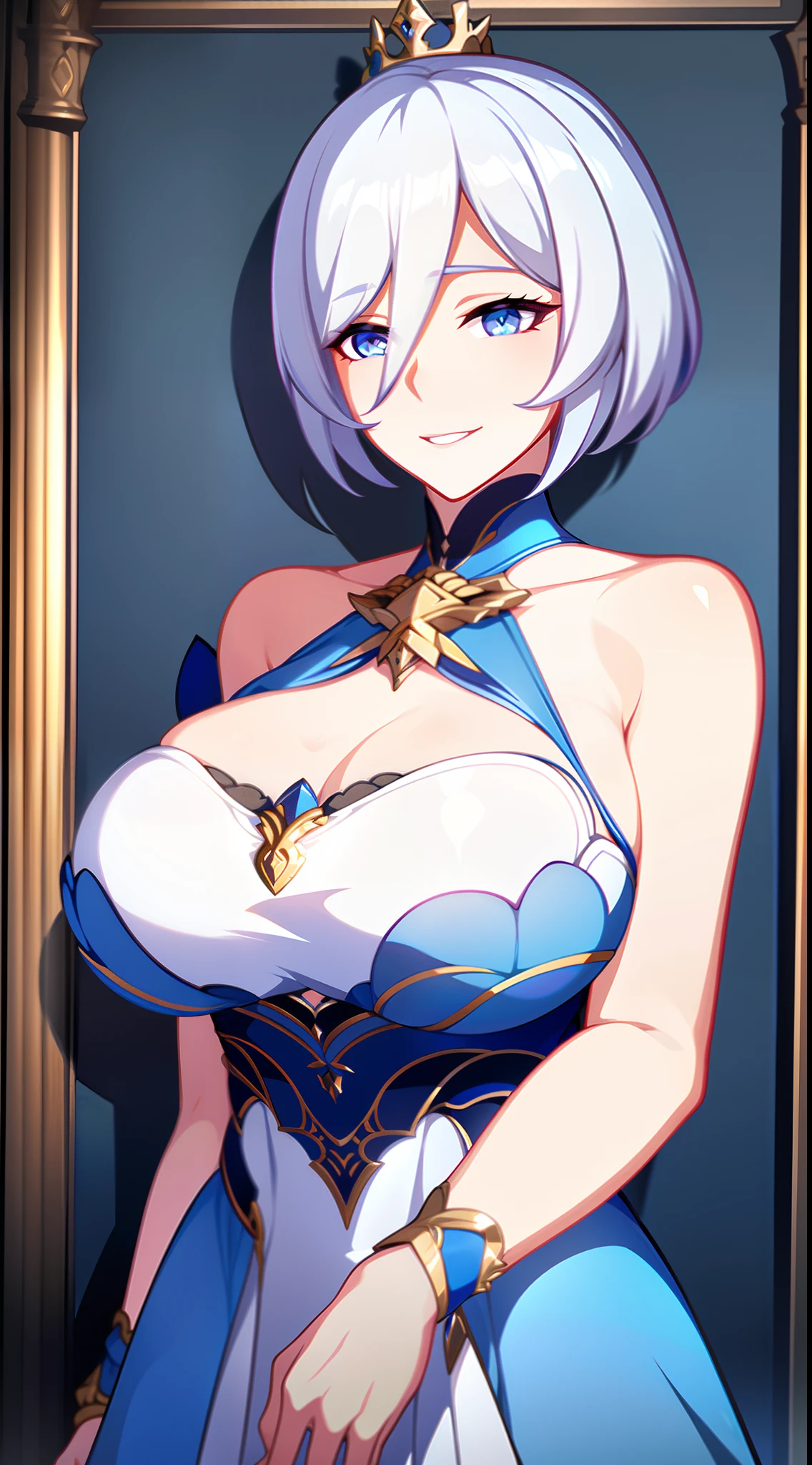 Adult woman, short white hair, blue eyes, ssmile, blue lipstick, The Queen's Transparent Dress, Gold Elements, Sleeveless, big breastes, open breasts, neckline on the chest, hiquality, 4k, HD, Good detail