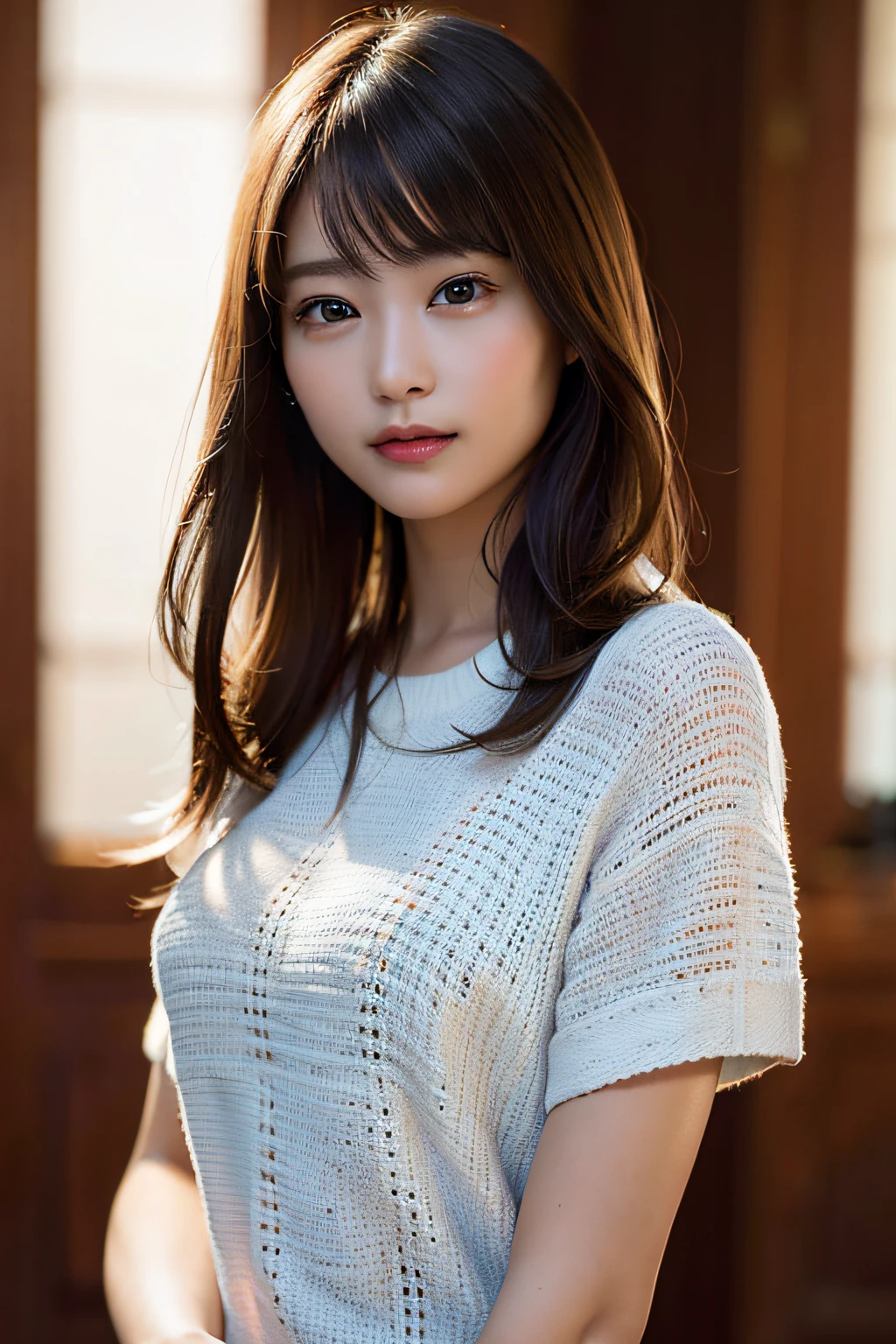 (8k, RAW photo, best quality, masterpiece:1.2), (realistic, photo-realistic:1.37), ultra-detailed, ultra high res,1 girl,looking at viewer,beautiful detailed face,smile,narrow,(slim waist:1.3),shirt, beautiful detailed skin, skin texture, floating hair,professional lighting,