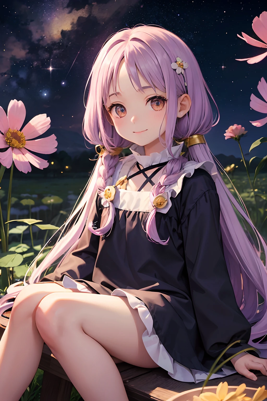 top-quality、Little girl sitting in the cosmos field、Little girl、(One piece made of cosmos)、One piece with a lot of cosmos、forehead、a smile、Lilac hair、Yellow eyes