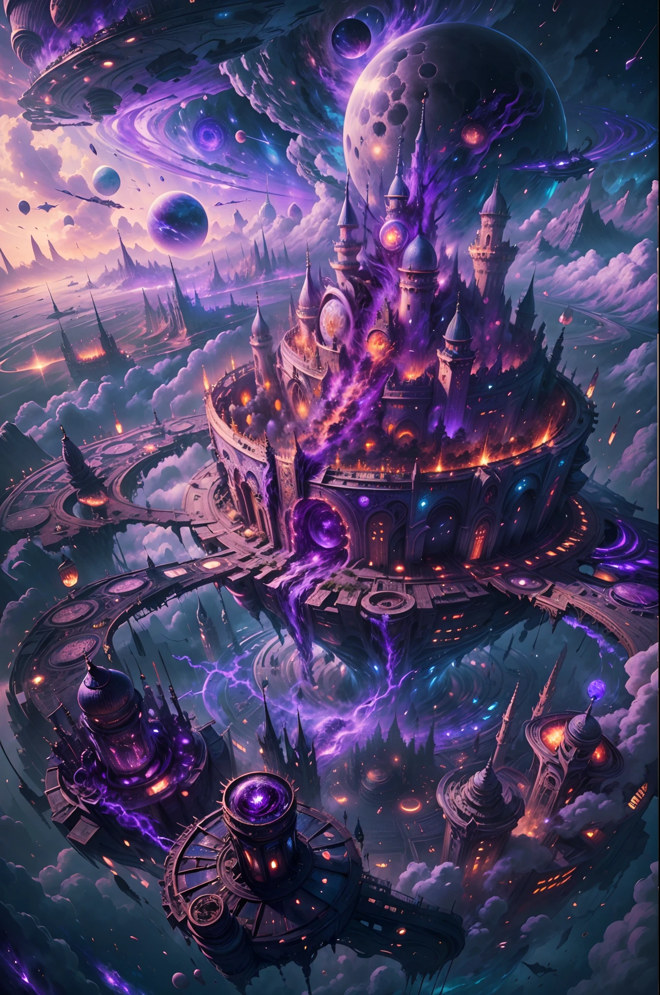 ((master piece)), best quality, (8k, best quality, masterpiece:1.2), ultra-detailed, illustration, big fantasy city, Science fiction, ethereal city, Floating city, many planets in the skies, clouds around, celestial architecture, purple energy scarring around,castle in the center, astral skies