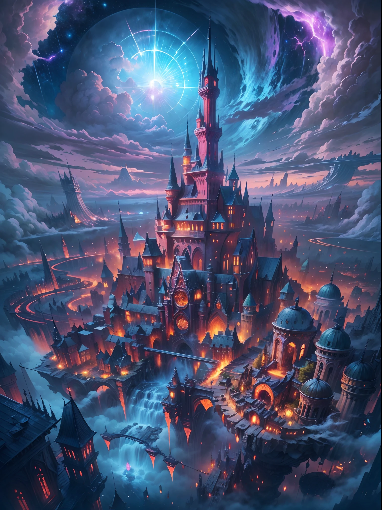 ((master piece)), best quality, (8k, best quality, masterpiece:1.2), ultra-detailed, illustration, big fantasy city, Science fiction, ethereal city, Floating city, many planets in the skies, clouds around, celestial architecture, purple and azure energy scarring around,castle in the center with tower and houses surround, astral skies