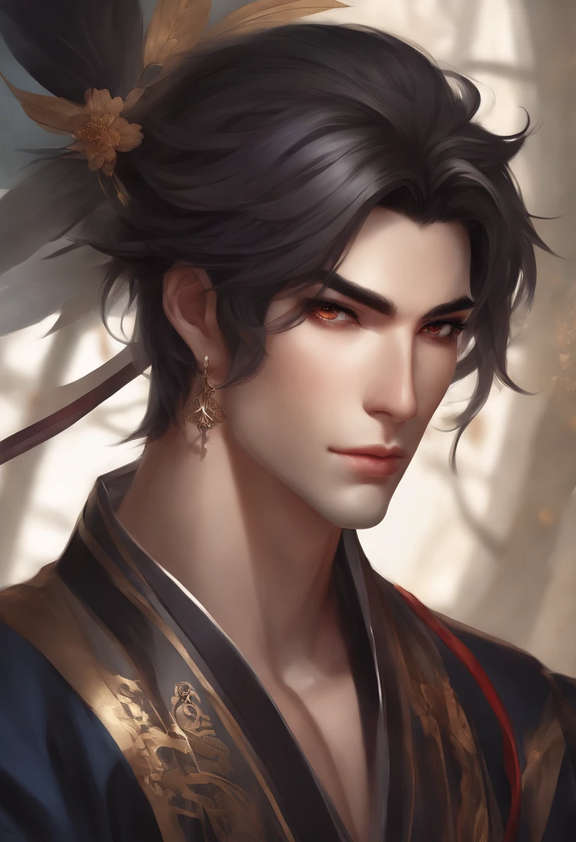 personagem de anime elfo masculino, com cabelo samurai e roupas orientais em uma cidade japonesa , gama murata e Artgerm, Artgerm e Atey Ghailan, Artgerm extremamente detalhado, Arte no estilo de Guweiz, por Yang J, Stanely Artgerm, Modelo IG | Artgerm, Estilo de Stanley Artgerm