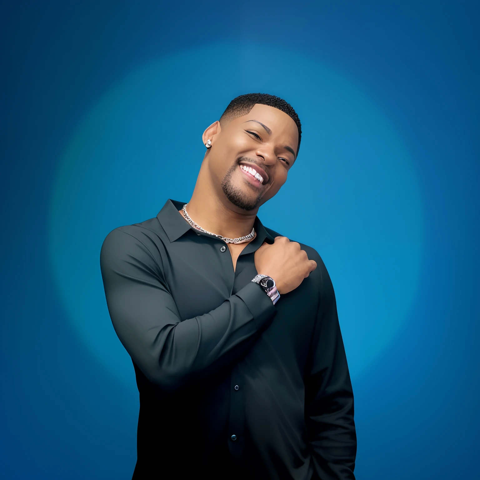 smiling man in black shirt and silver chain on neck, promotional photo, promo photo, promotional image, promo image, promotional picture, promotional portrait, promotional shot, dramatic smiling pose, brown skin man with a giant grin, promo shot, in an action pose, will smith slapping chris rock, earing a shirt laughing, by Harold von Schmidt, armitage