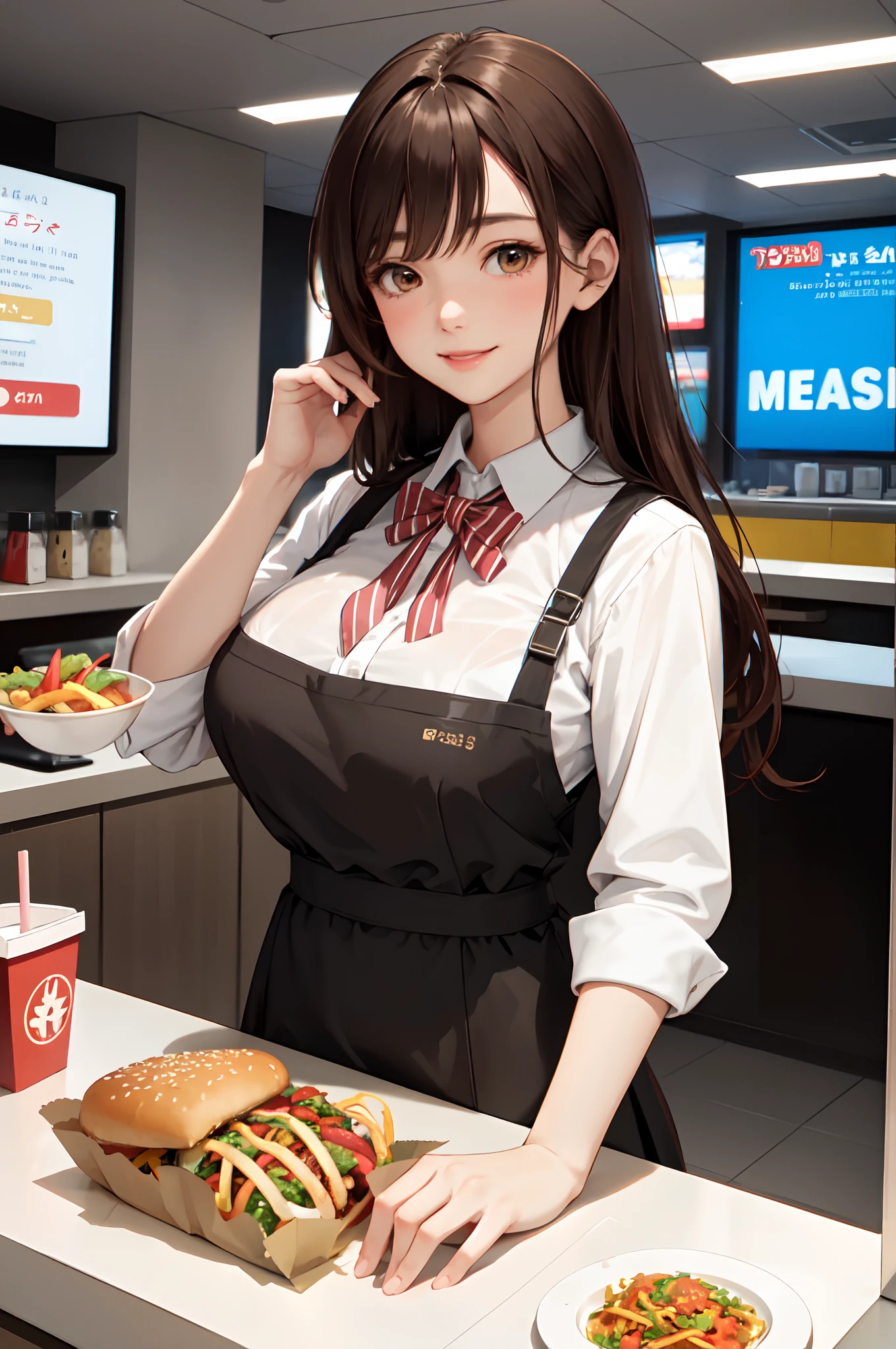1lady solo, /(staff uniform/), /(brown hair/) bangs, blush kind smile, (masterpiece best quality:1.2) delicate illustration ultra-detailed, large breasts BREAK /(fast food restaurant/), detailed background
