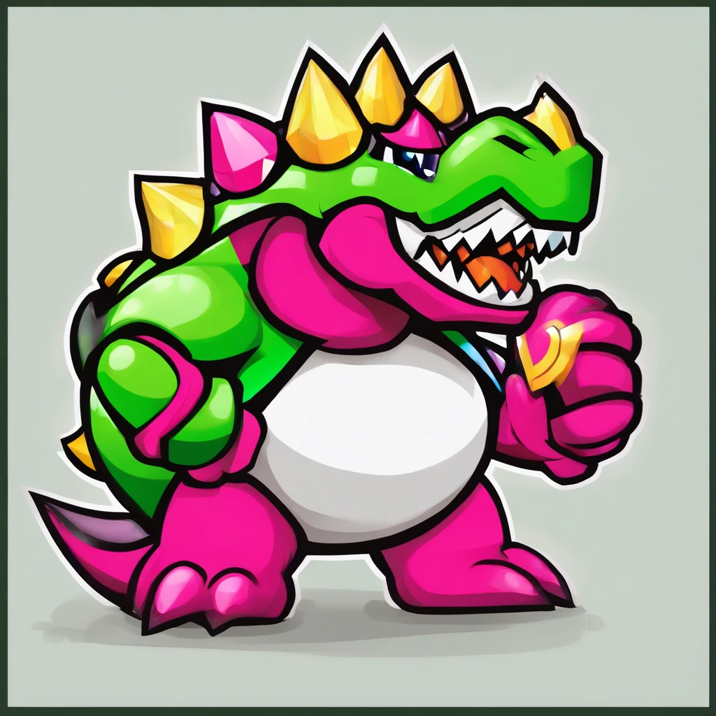 Bowser, vivid red scales, light light green shell, fuchsia spikes, white helm with black and fuchsia, and light light green armor with fuchsia gem, also has a giant hammer, masterpiece, best quality