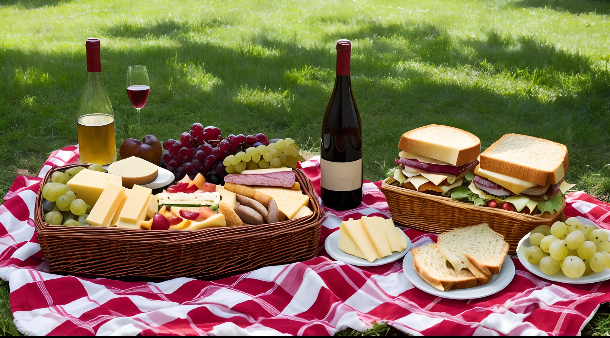 A picnic basket with sandwiches, fruits, cheese, and wine on a checkered blanket