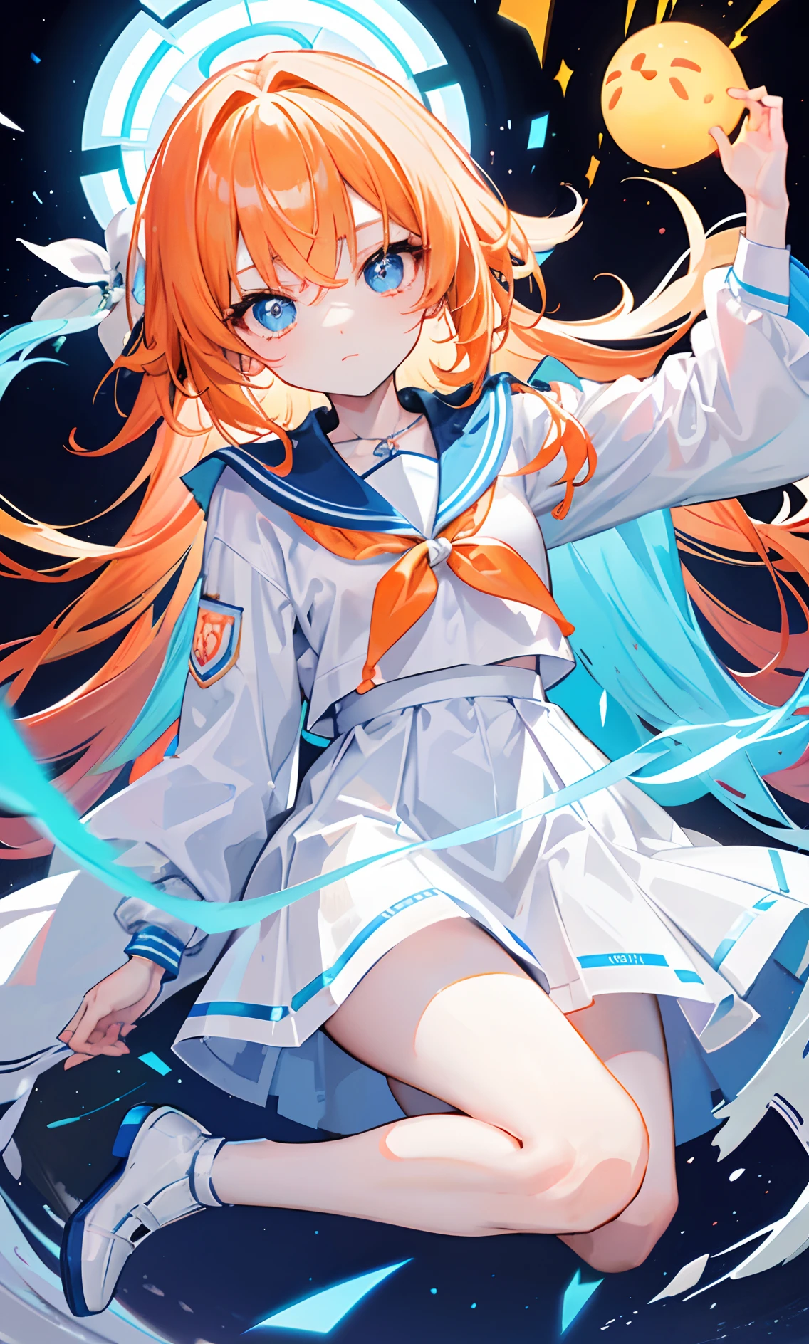 Glowing light orange with hair and pupils,They are also fluorescent,A school uniform in a glowing blue and white color,Very tender and shiny face,It also fluoresces,With a silver crystal pendant,The whole is shining,It's a sweet loli girl
