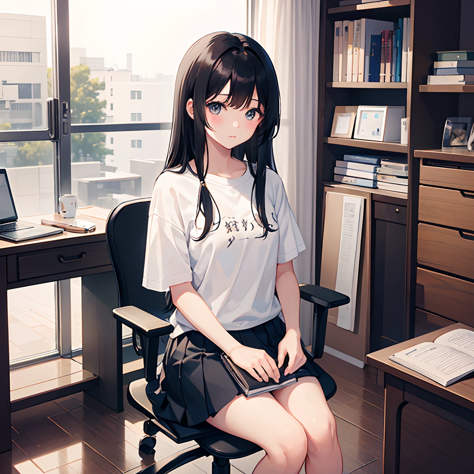 Super delicate and cute girl with black hair、a 、14years、8K Ultra High Defition, Delicate texture,Medium Hair、Cute room、One girl studying(sit a chair)、desk work(I have a notebook)、Thinking Face、Rough white t-shirt、a miniskirt