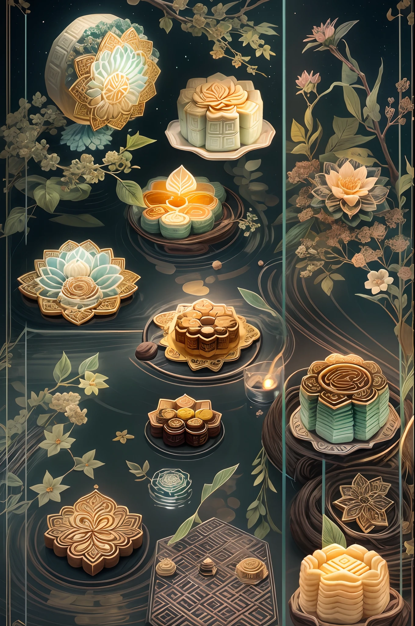 (tarot cards:1.5,rotary symmetrical),(tmasterpiece),(ultra - detailed:1.3),best qualtiy,(glittery:1.2),(dreamworld:1.4),((Crystal mooncakes,Ice skin mooncakes)),(The moon is empty),Crystal clear mooncakes,the night,Skysky,moon full,colored flowers,black tea,Cute little bunny、sweet osmanthus、Moonsky,vibrant with colors,brightly,1.4x realism,hyper-detailing,hyper HD,It's on display in this beautiful scene,(The is very detailed,reasonable design,Clear lines,High- sharpness,tmasterpiece,offcial art,movie light effect,4K)