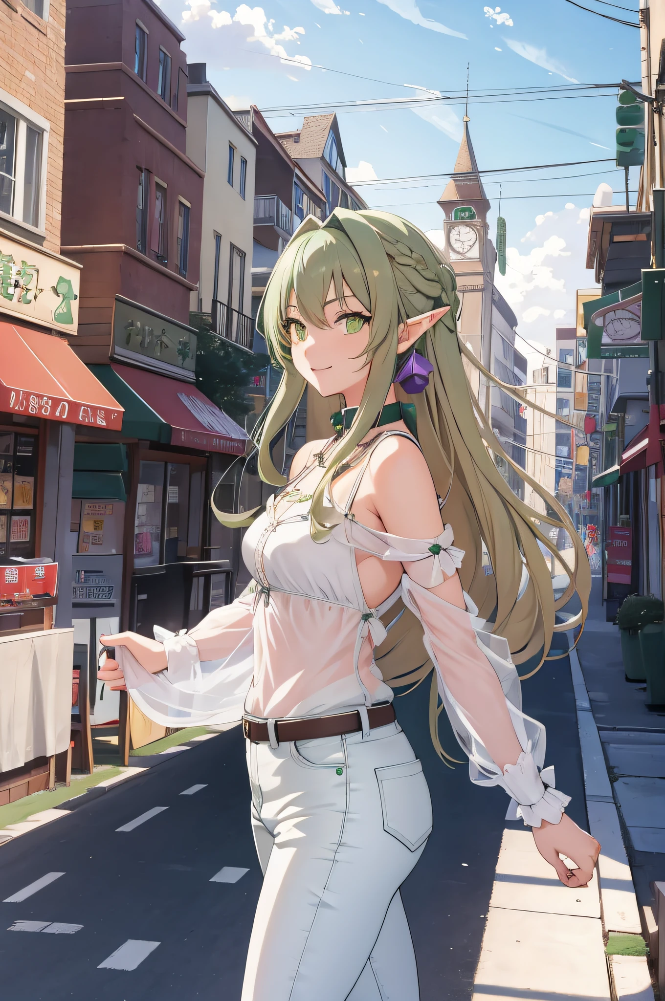 (masterpiece, best quality, detailed) ,1girl, highelfarcher, high elf archer, elf, (green eyes:1.5), (green hair:1.2), hair between eyes, long hair, pointy ears, sidelocks, jeans walking down the street,cute anime girl, pretty anime girl, smooth anime cg art, beautiful anime girl, attractive anime girl, ecchi anime style, seductive anime girl.teasing smile, clean detailed anime art,high resolution, (perfect hands, perfect anatomy),