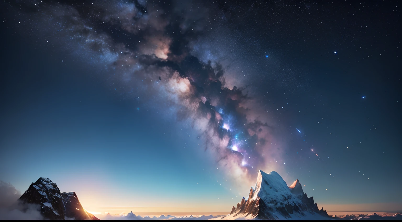 A shooting star falls on a mountain