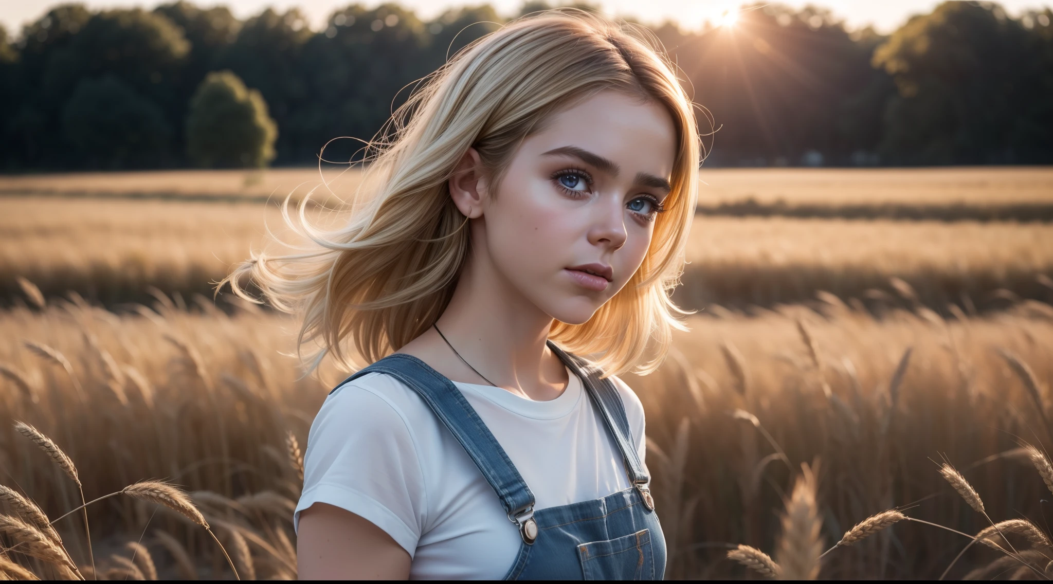 ( 1 girl:1.5 ), gorgeous woman ("kiernan shipka"), behind view, pale shinny skin, in a wheat field farm, overalls only, no shirt, warm light, ray tracing, backlighting, UHD, anatomically correct, textured skin, super detail, award winning, masterpiece, 8k, best qualiti, Ultra detailed face, ultra detailed eyes, ultra detailed clothes, realistic body, beautiful face, intricate details, ultra detailed skin, ultra realistic photo, ultra realistic lighting, HDR