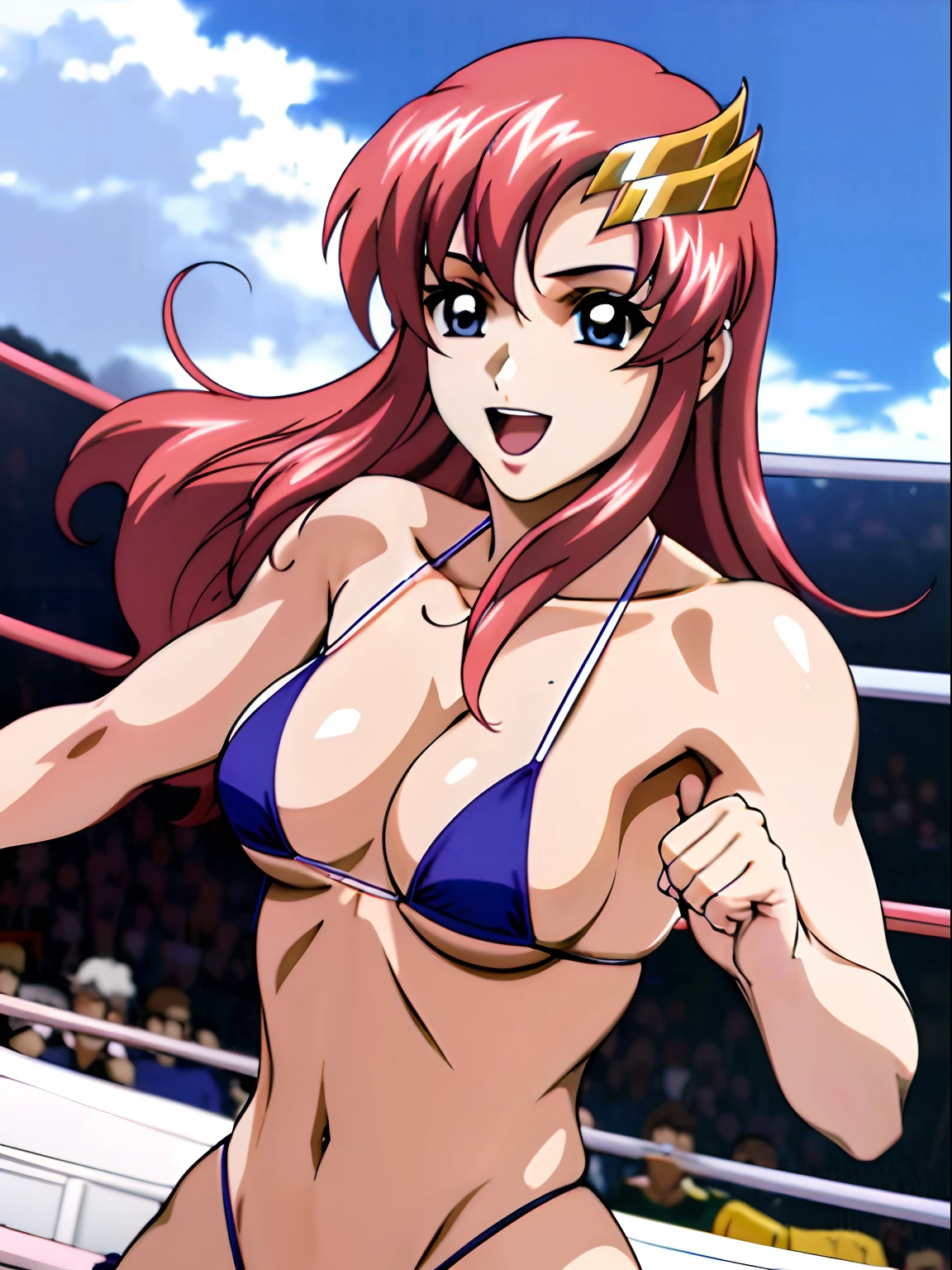 (masterpiece, upper body view, 4K, Best Quality, Anime style: 1.9,, Adult Woman, ultra detailed face, (cloud background, wrestling), Drawing lines, high resolution, Anime, lacus4), 1girl, Solo, curvy figure, Long hair, 鎖骨, scapular, (Detailed wide hair bangs, Hair Ornament, Detailed reddish-pink hair, golden crest), cleavage, large hands, (female wrestler). (Big blue eyes, shiny eyes), ((female wrestler, little biceps, slender body, broad shoulders, closed fists)), ((perfect proportions, medium breasts, long belly)), (((micro bikini, pink wrestling gear, champion))), happy, smile, open mouth, (belly dancing, looking at the viewer), , showing off underarm, (elegant lady)