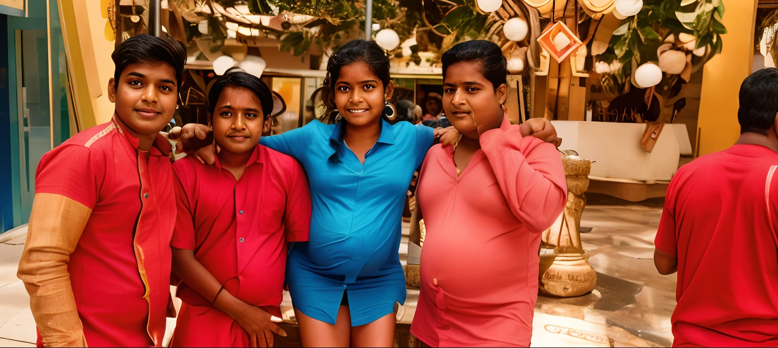 Three indian peoeple, one boy in shorts, two ladies in shorts, big boobs, one boy in middle, ladies grabbing the boy, standing pose, looking at the viewer, realistic