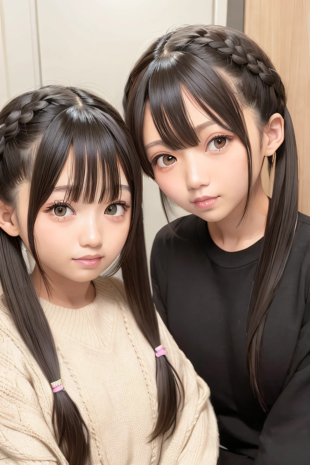 2 girls,  twintail hairstyle, 　up of face、