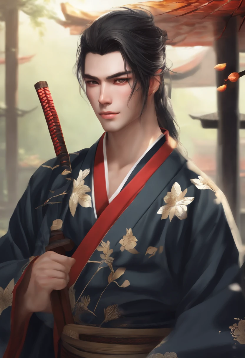 personagem de anime elfo masculino, com cabelo preso de cor escura estilo samurai, olhos azuis, vestindo um chapeu de palha e vestindo em uma yukata amarela orientais em uma cidade japonesa , gama murata e Artgerm, Artgerm e Atey Ghailan, Artgerm extremamente detalhado, Arte no estilo de Guweiz, por Yang J, Stanely Artgerm, Modelo IG | Artgerm, Estilo de Stanley Artgerm