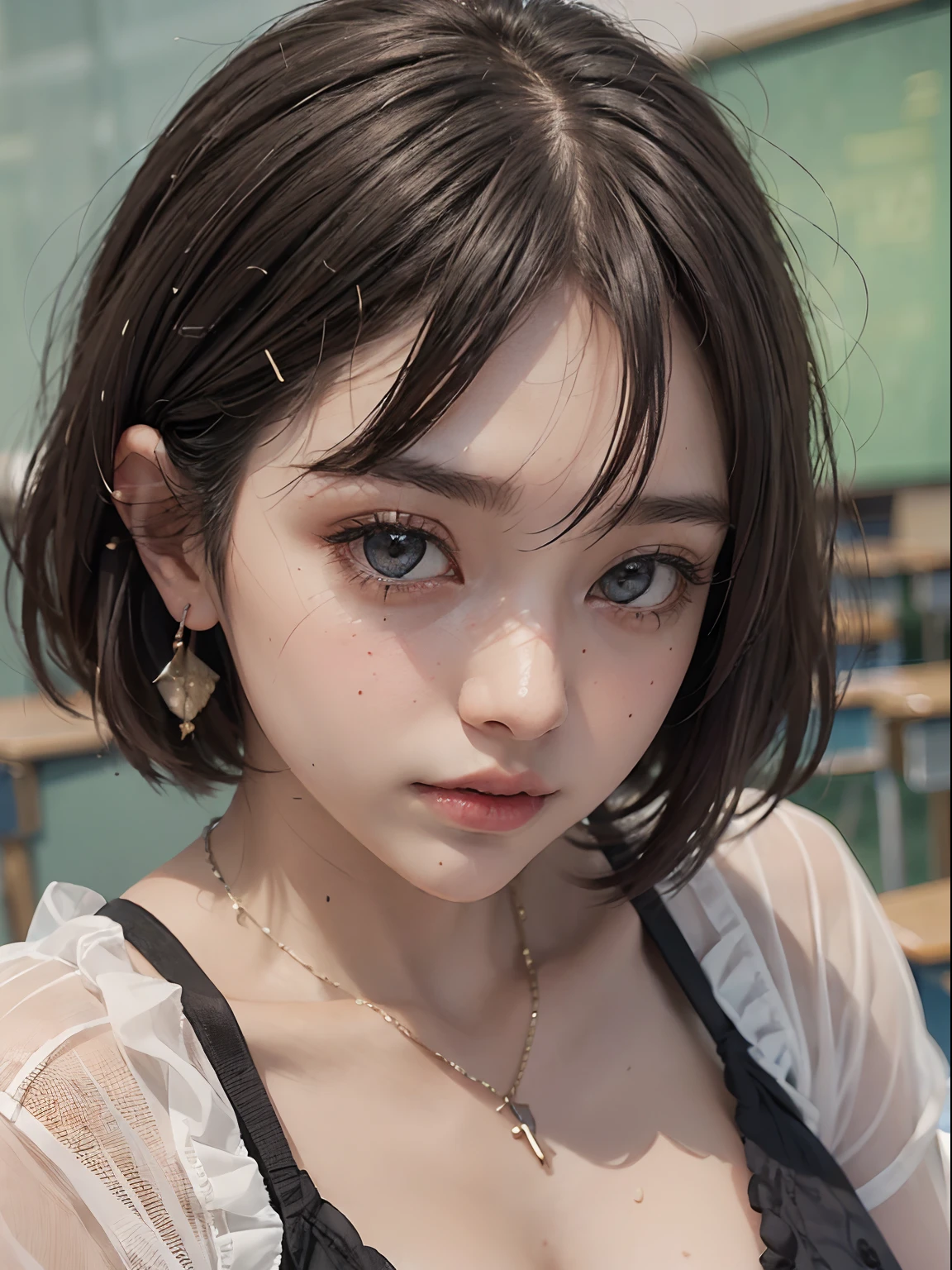 (masutepiece: 1.3), (max resolution: 1.2), (Ultra HDTV: 1.2), cinematric light, 8K resolution, Detailed eyes and skin, detailed facial features, , (Sharp Focus: 1.2), (Focus on Face:1.2),Perfect Style, Beautiful face, acurate, Anatomically correct, Highly detailed face and skin texture, Detailed eyes, Double eyelids, Thin eyebrows, Glitter Eyeliner: 1 Natural cheeks, Glossy skin, Fair skin: 1.2, (Glossy lips: 1.4),、 (Shy look: 1.2),Highly detailed facial and skin texture, Detailed eyes, Double eyelids, Natural cheeks, , shiny lips: 1.4,Exposed cleavage、(A large amount of sperm in the chest:1.4)(Large amount of sperm in the thighs:1.2)、 red blush、humiliated、impatience、dismay、Frightened、glares、Sexually arousal、embarrassed from、Open knees、open one's legs、rub one's breasts、(Masturbation behavior:1.6)、touches crotch、White underwear、White bra、Shiny little earrings and necklaces、Disheveled clothes、Dressing、Exposed panties、Wearing sweat、Sheer underwear、Full body like、 18year old, Neat and clean woman , upturned breasts,Sitting on a desk,After-school classroom、Blue-gray eyes,(hi-school girl:1.6)、short-hair、