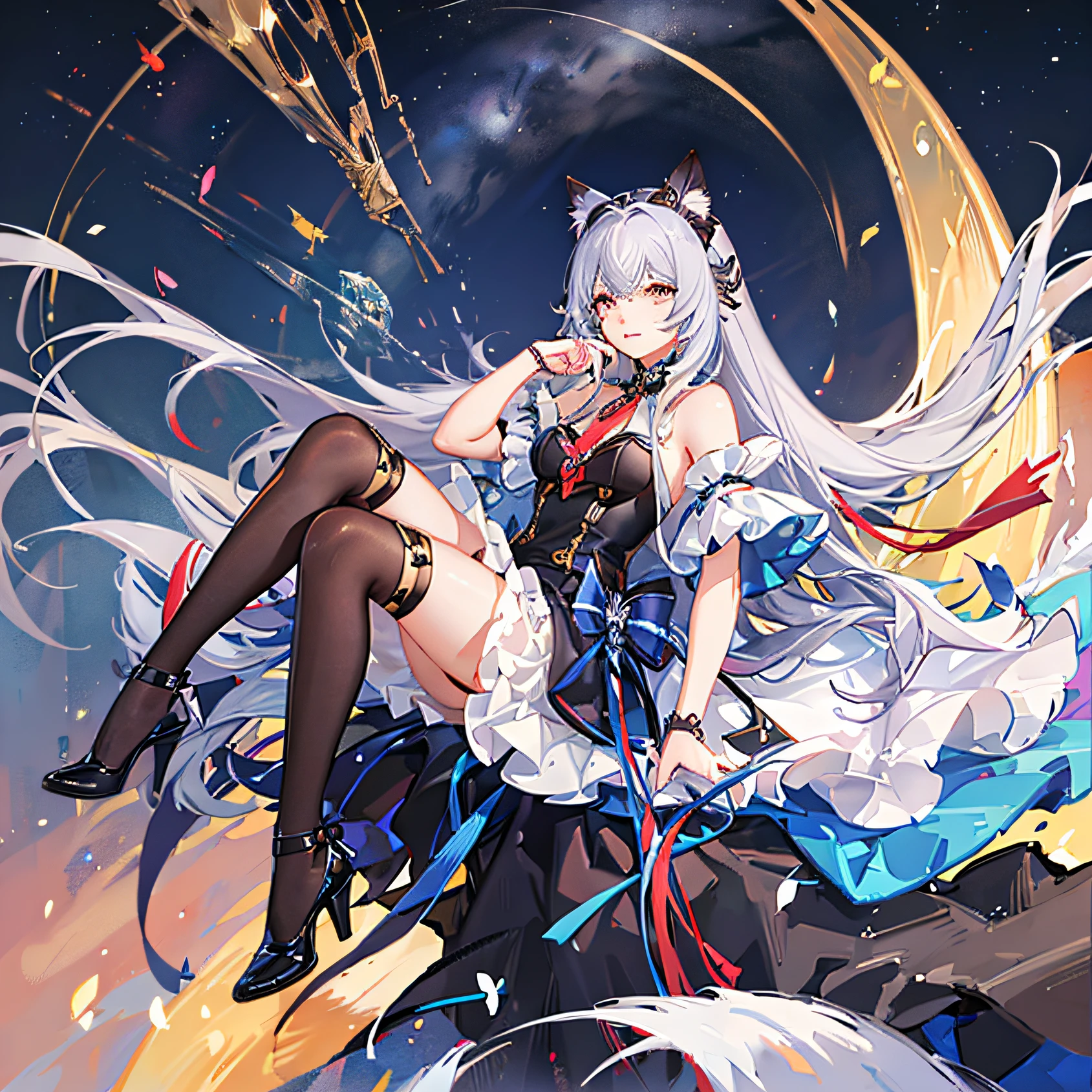 Masterpiece, Best quality, extremaly detailed cg, schoolgirls, Very long hair, Gradient hair, multicolored hair, Shiny hair, Striped hair, Drill hair, cat_hor ears, laughingly,head portrait