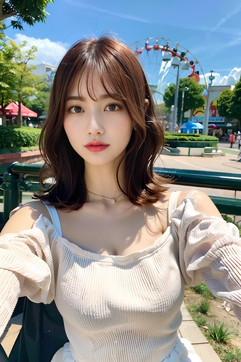 top-quality、超A high resolution、Photorealsitic、1 Idol Girl、with round face、White lace loose shirt emphasizing off-shoulder chest、tight skirts、Amusement park roller coaster in the background、Take a selfie with the camera in one hand、Footage taken with your own camera、selfie photo、(Red-brown wavy bob cut hair、Floating hair)、huge-breasted、Selfie close-up、Look at viewers、