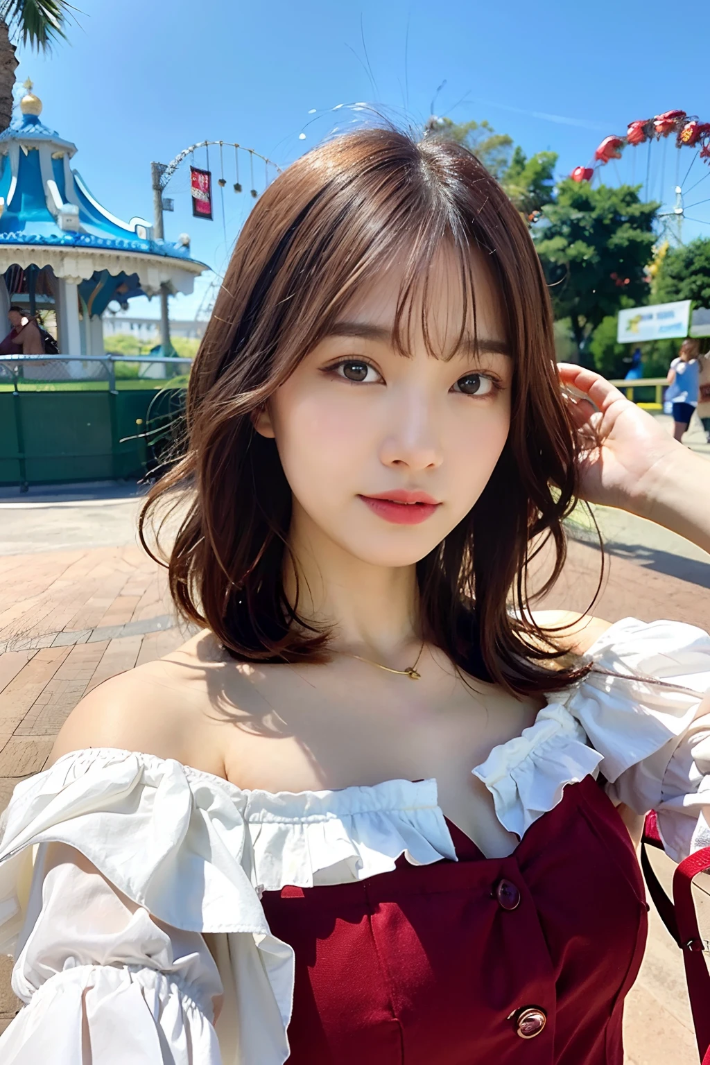 top-quality、超A high resolution、Photorealsitic、1 Idol Girl、with round face、White lace loose shirt emphasizing off-shoulder chest、tight skirts、Amusement park roller coaster in the background、Take a selfie with the camera in one hand、Footage taken with your own camera、selfie photo、(Red-brown wavy bob cut hair、Floating hair)、huge-breasted、Selfie close-up、Look at viewers、