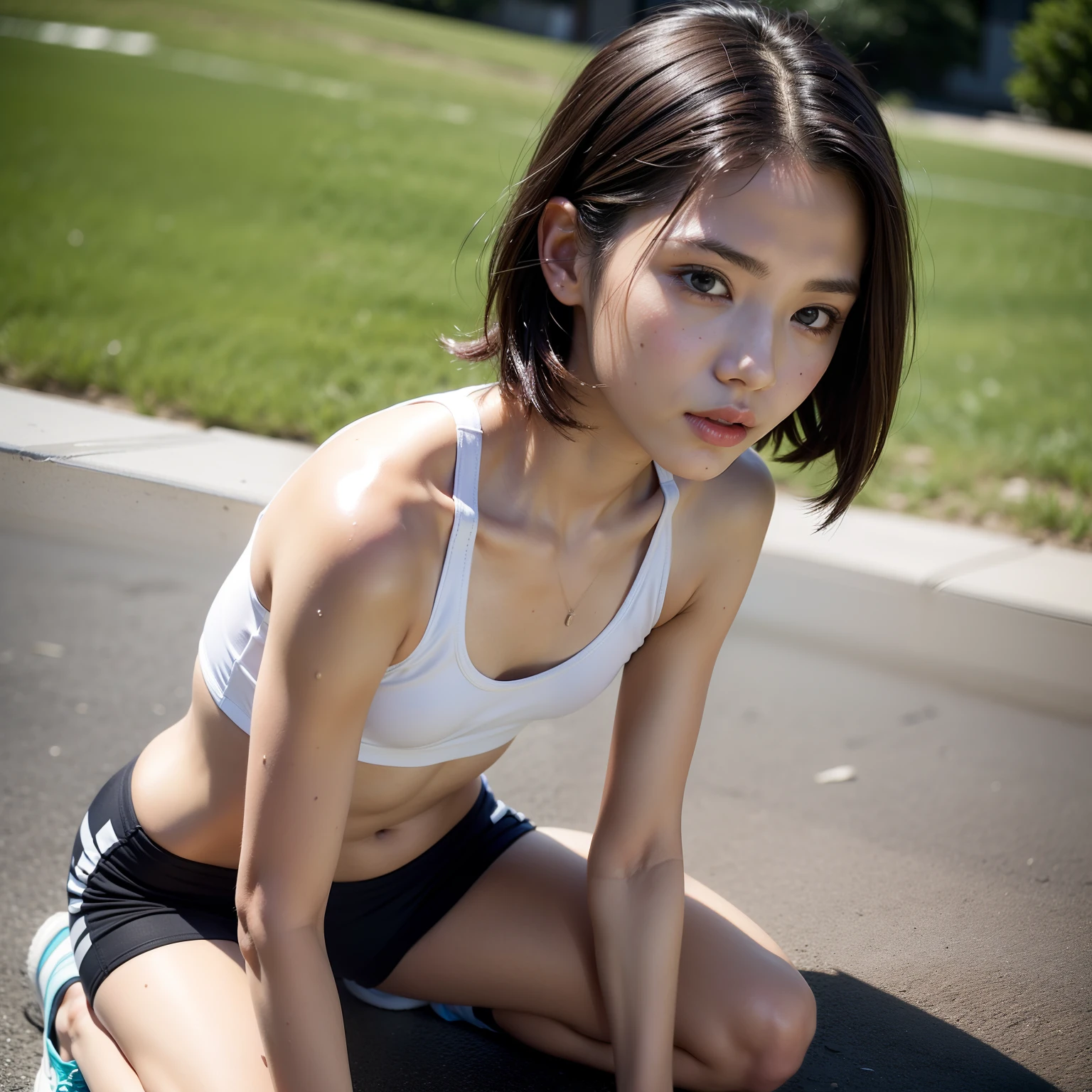 Beautiful woman looking at camera, detailed photo, ite person, (slim, small, flat), sexy pose, wet body, drenched, 35 year old girl, sexual expression, wet body, short hair, kneeling, from above, slender, delicate and sexy collarbone, on all fours, upper angle: 1.5, palms on the floor, Small nike athletic xear with a very sexy and see-through area, SPORTS shoes,