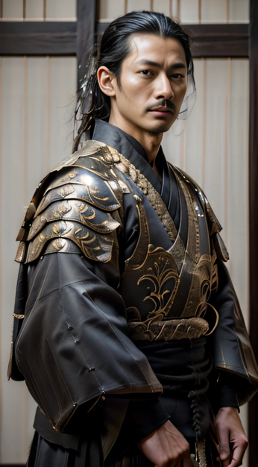 (((32ｋ,high detal,high-detail、​masterpiece,Attention to detail,full body Esbian,独奏,１man))),Raw photo & realistic atmosphere,beautiful dark blue eyes,Detailed mouth,Detailed eyebrows,Shine in every detail,Eyes drawn in detail、Very beautiful eyes with azure eyes,Detailed lips、Infinite reality, ,Brave samurai of the Sengoku period, bulky１7--old utiful boy,Samurai of the Sengoku period of Japan,the whole body is wet,dripped out,with a flushed face,Tremendously beautiful１7-year-olngoku samurai beautiful boy,（youthfulness,Sharp eyes,Serious beautiful look,well-shaped breasts,,Immature body,Armor samurai of the Sengoku period,Sengoku armor,Armor of the Warring States Period,Black shiny hair,Chonmage,showing your whole body,Detailed crisp armor,Beautiful luxurious Sengoku armor,Armoured pockets,torso,small hand,Sandals,Shoulder to shoulder,Sengoku Warlord,Strongly influenced by Oda Nobunaga：1.8）
