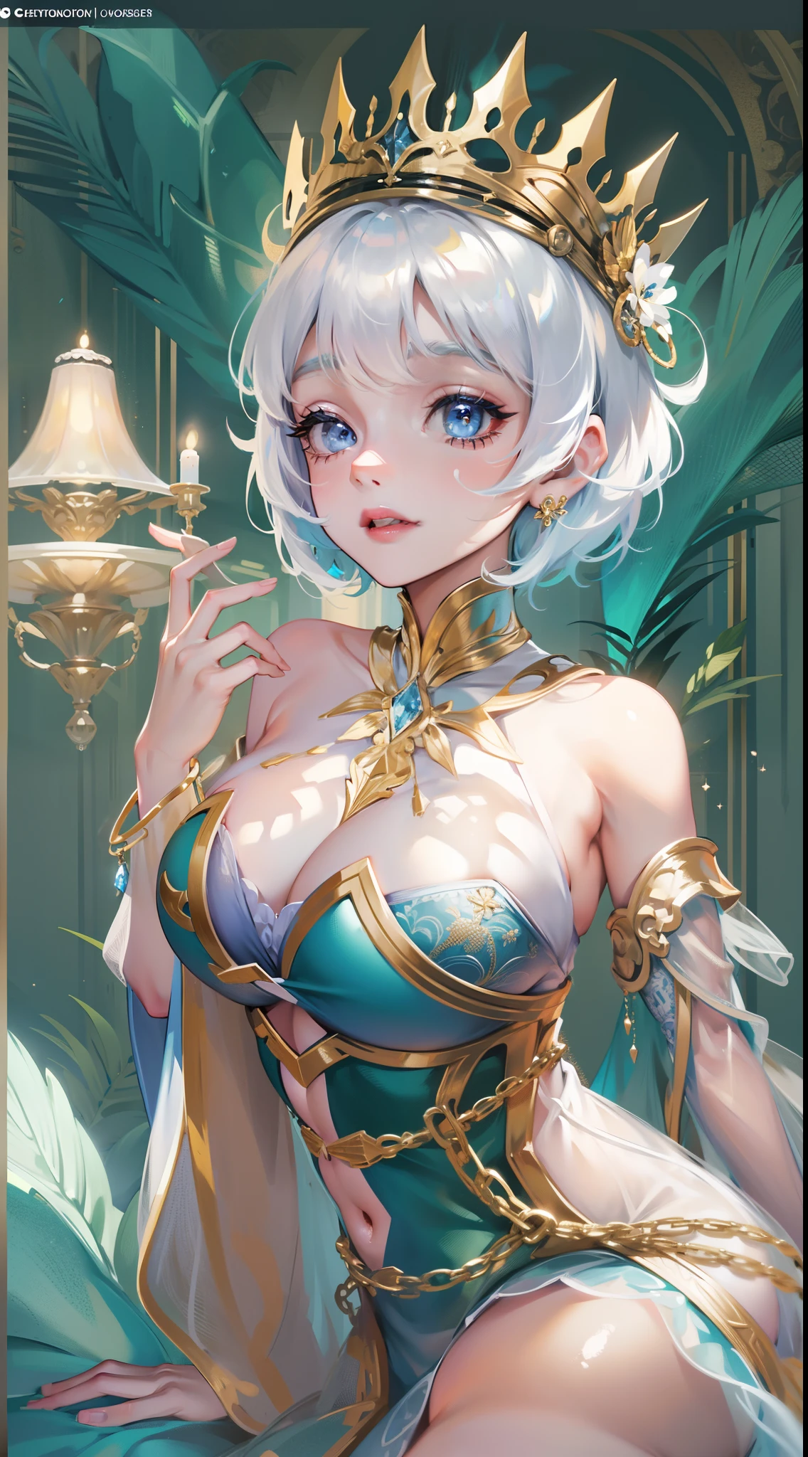 Adult woman, short white hair, blue eyes, ssmile, blue lipstick, The Queen's Transparent Dress, Gold Elements, Sleeveless, big breastes, open breasts, neckline on the chest, hiquality, 4k, HD, Good detail