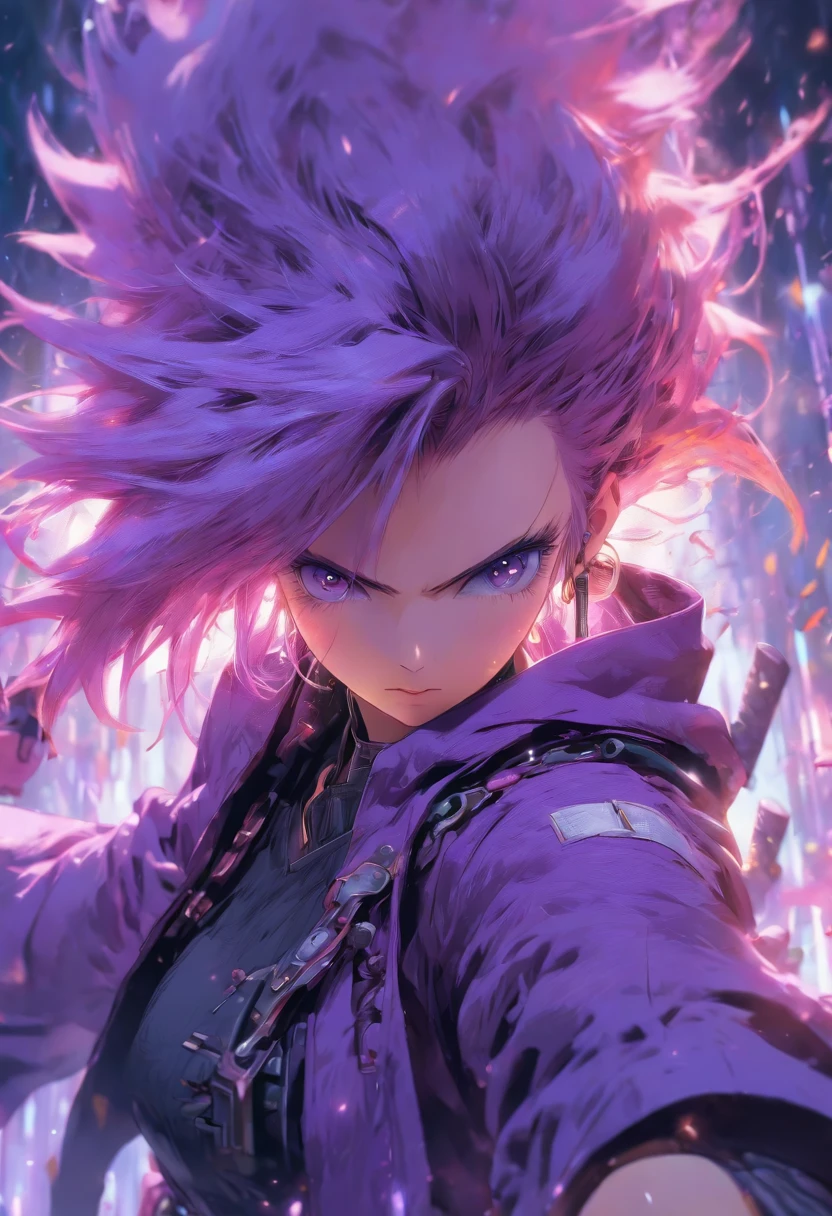 (Masterpiece, Best quality), concept-art, Full body photo of a woman wearing (Large purple jacket:1.2) and a black shirt, Fighting posture, Intricate details, color difference, 1girll, Curly short hair, orange hair, Messy orange hair, robot leg, Biomechanical, hair on one eye, honey eyes, Sharp eyes, Neon shirt, Open jacket, big sword, Cyber Katana, Dark Blade, Japanese role-playing game style, Tech fantasy, Final Fantasy, Pastel colors, (Simple background, White background:1.3)
