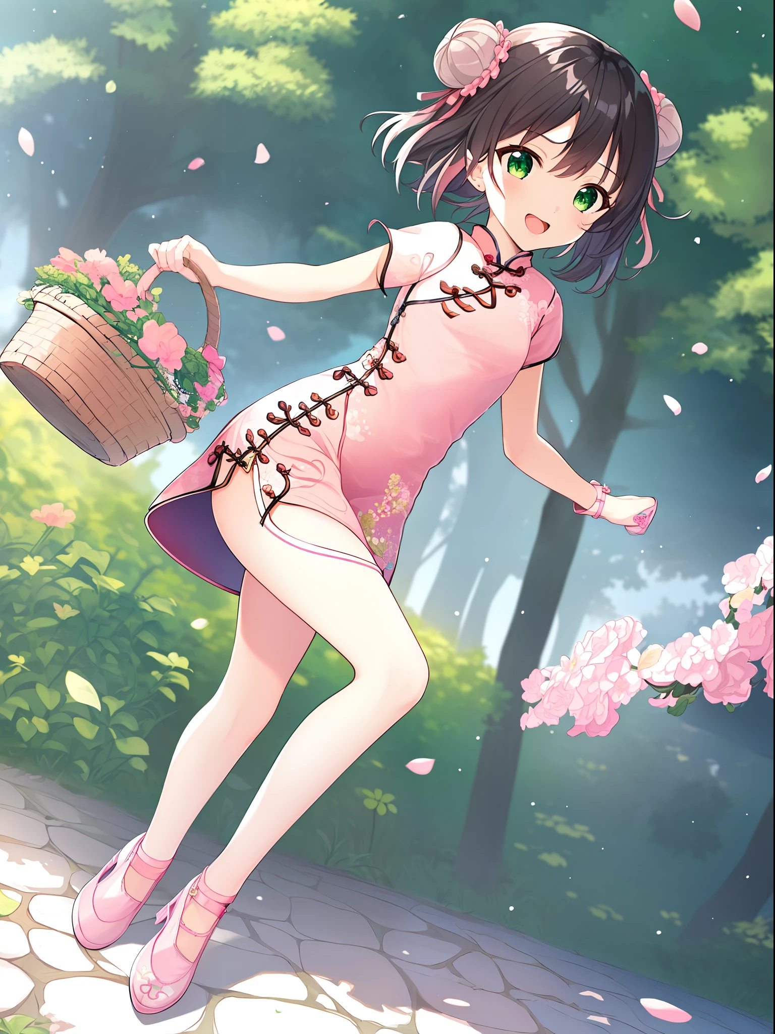 1 girl, solo, masterpiece, highres, ultra details, CG quality, cute , full body, (black hair:1.3), green eyes, high quality eyes, high quality hands, (twin buns:1.3), (hair ribbons:1.3), (short hair:1.6), (pink short cheongsam:1.6), no sleeves, small breast, silver bangles, white jacquard pantyhose, (pink flat shoes:1.8), (embroidered shoes:1.6), bows on shoes, wandering, delighted, carrying a flower basket, looking around, spinning on tiptoe, forest, high quality background, depth of field