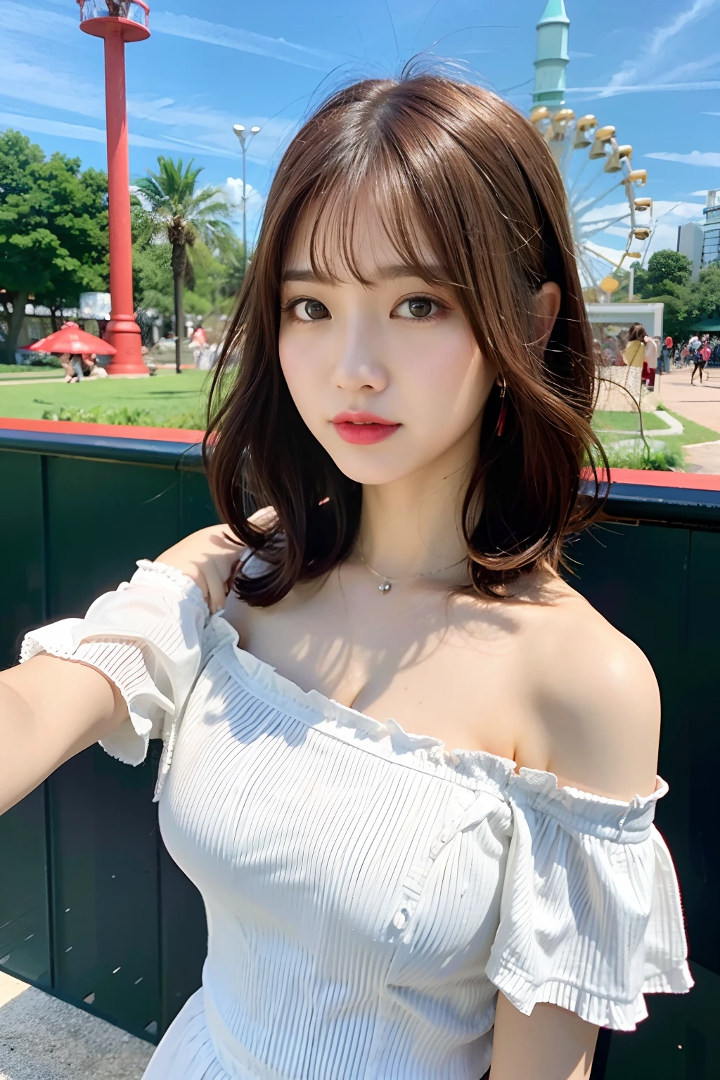 top-quality、超A high resolution、Photorealsitic、1 Idol Girl、with round face、White lace loose shirt emphasizing off-shoulder chest、tight skirts、Amusement park roller coaster in the background、Take a selfie with camera in one hand、Footage taken with your own camera、selfie photo、(Red-brown wavy bob cut hair、Floating hair)、huge-breasted、Selfie close-up、Look at viewers、